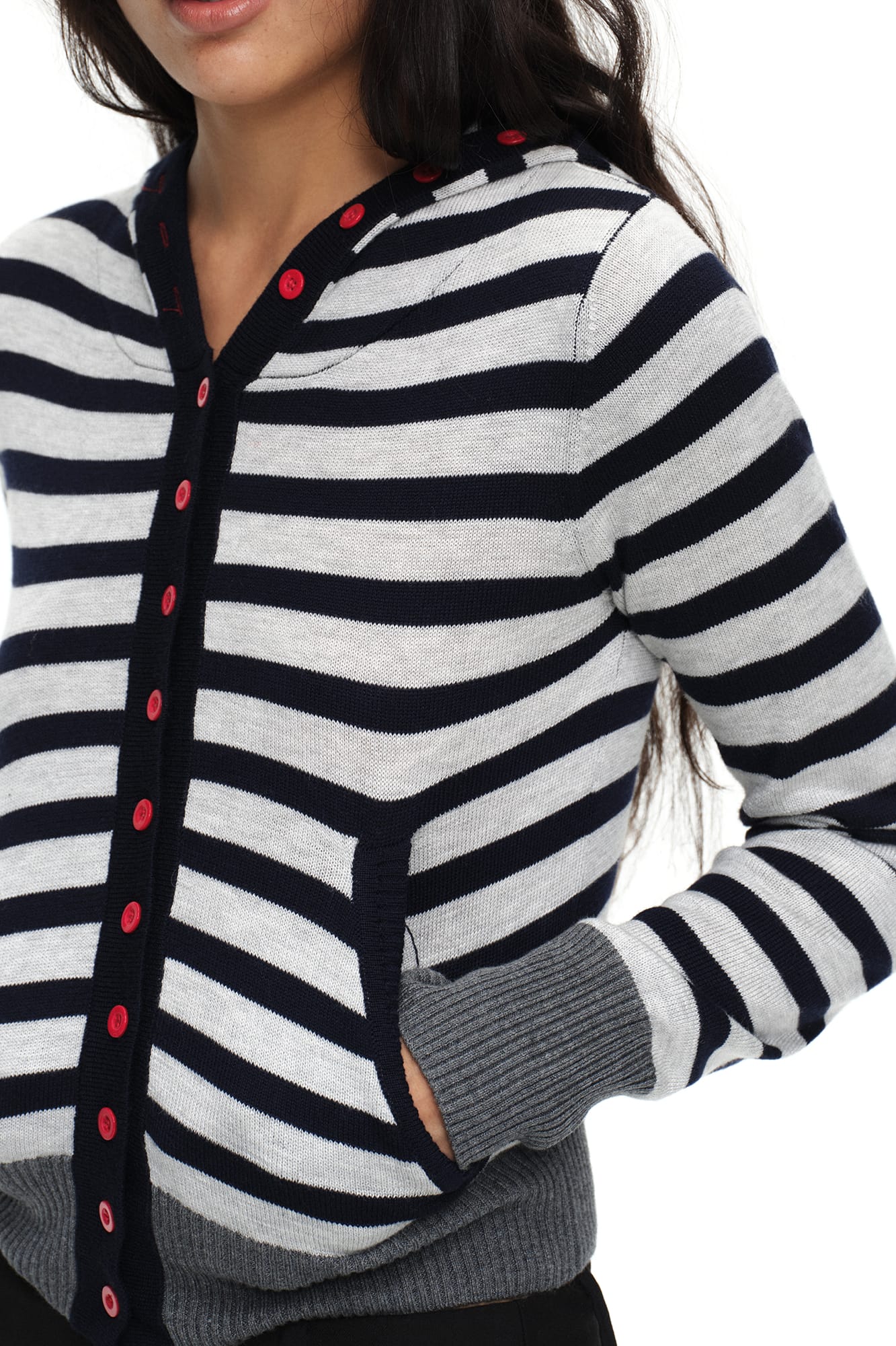OINIMI Striped Hooded Contrast-Button Cardigan