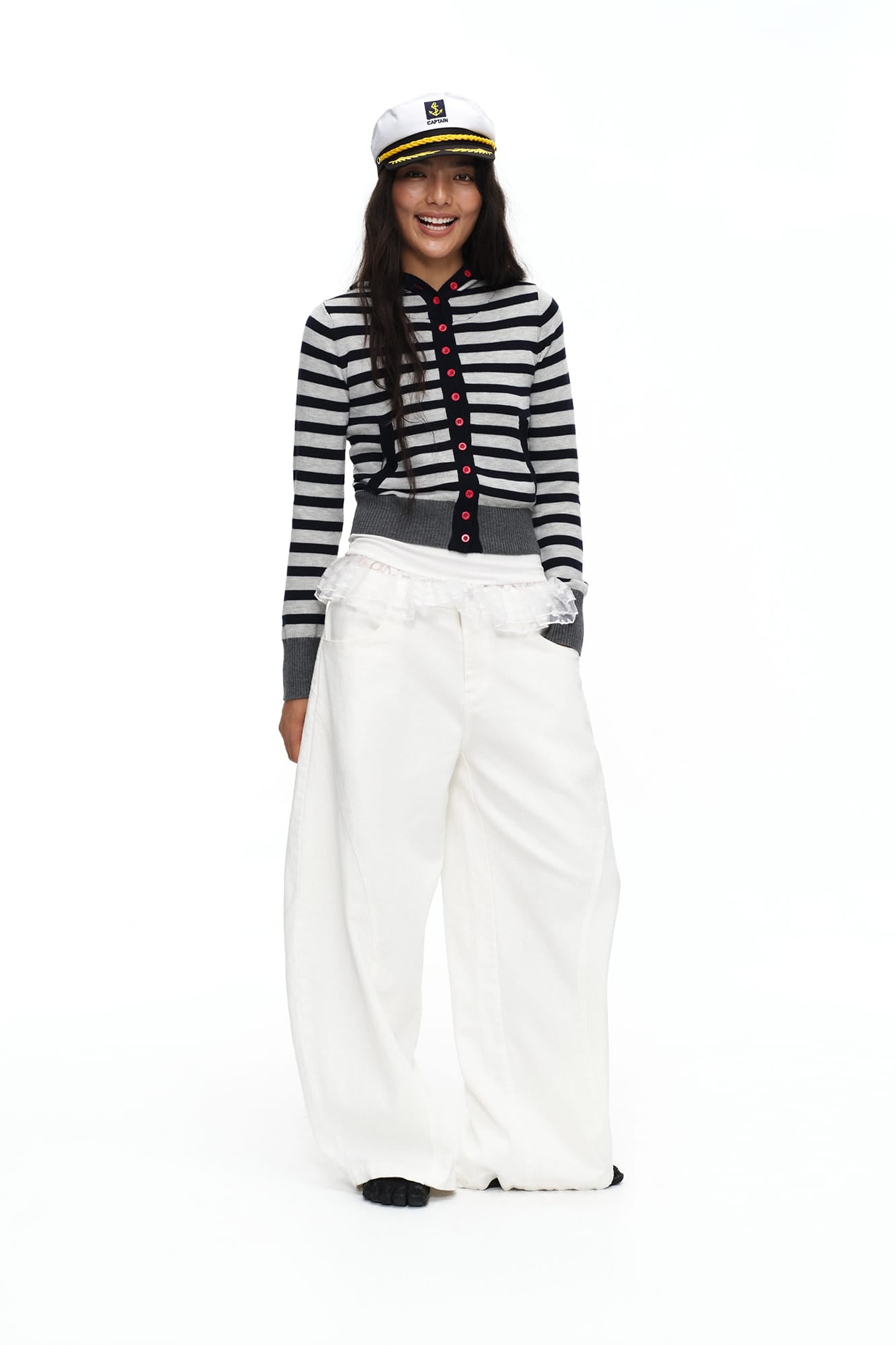 OINIMI Striped Hooded Contrast-Button Cardigan