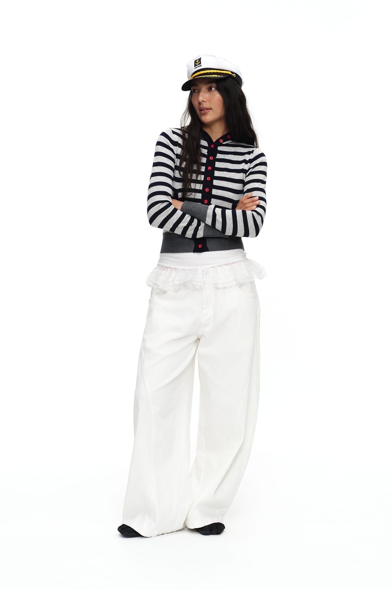 OINIMI Striped Hooded Contrast-Button Cardigan