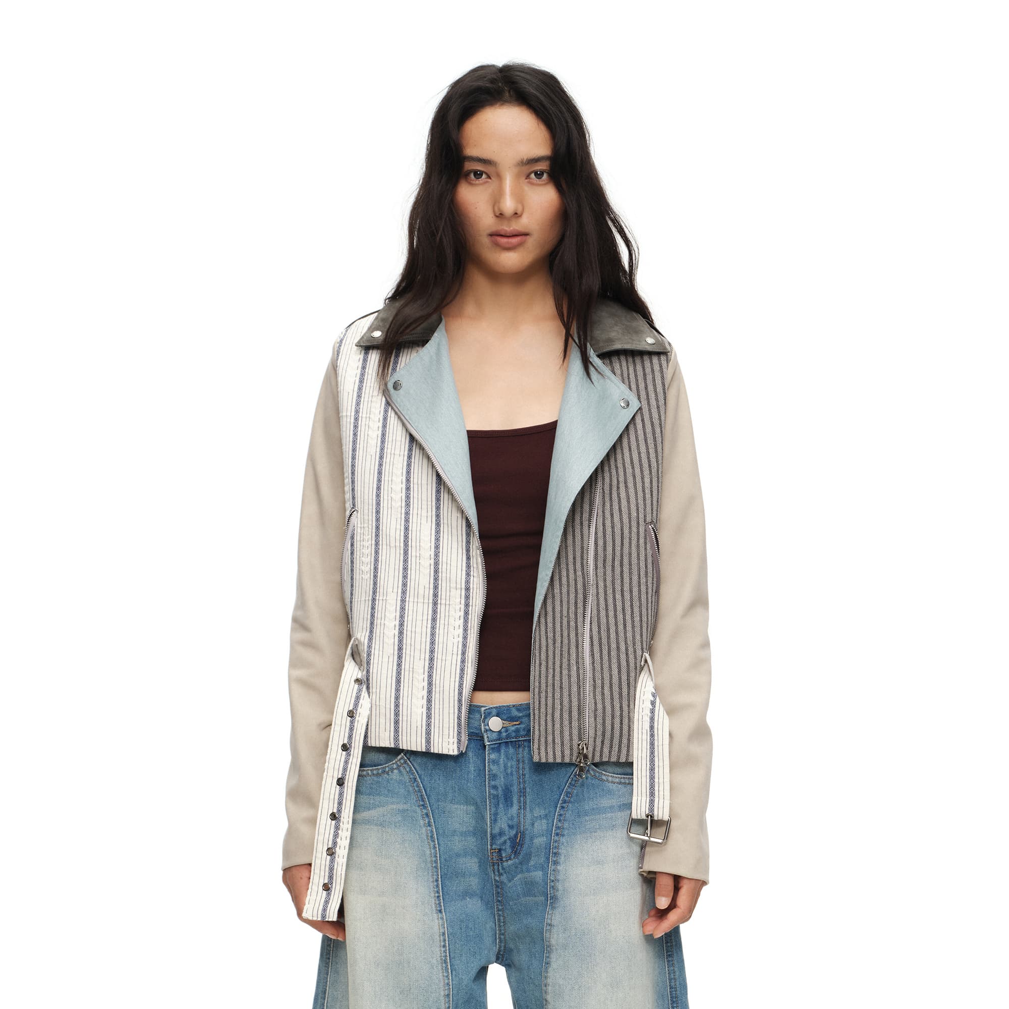 OINIMI Spliced Stripe Paneled Belted Moto Jacket