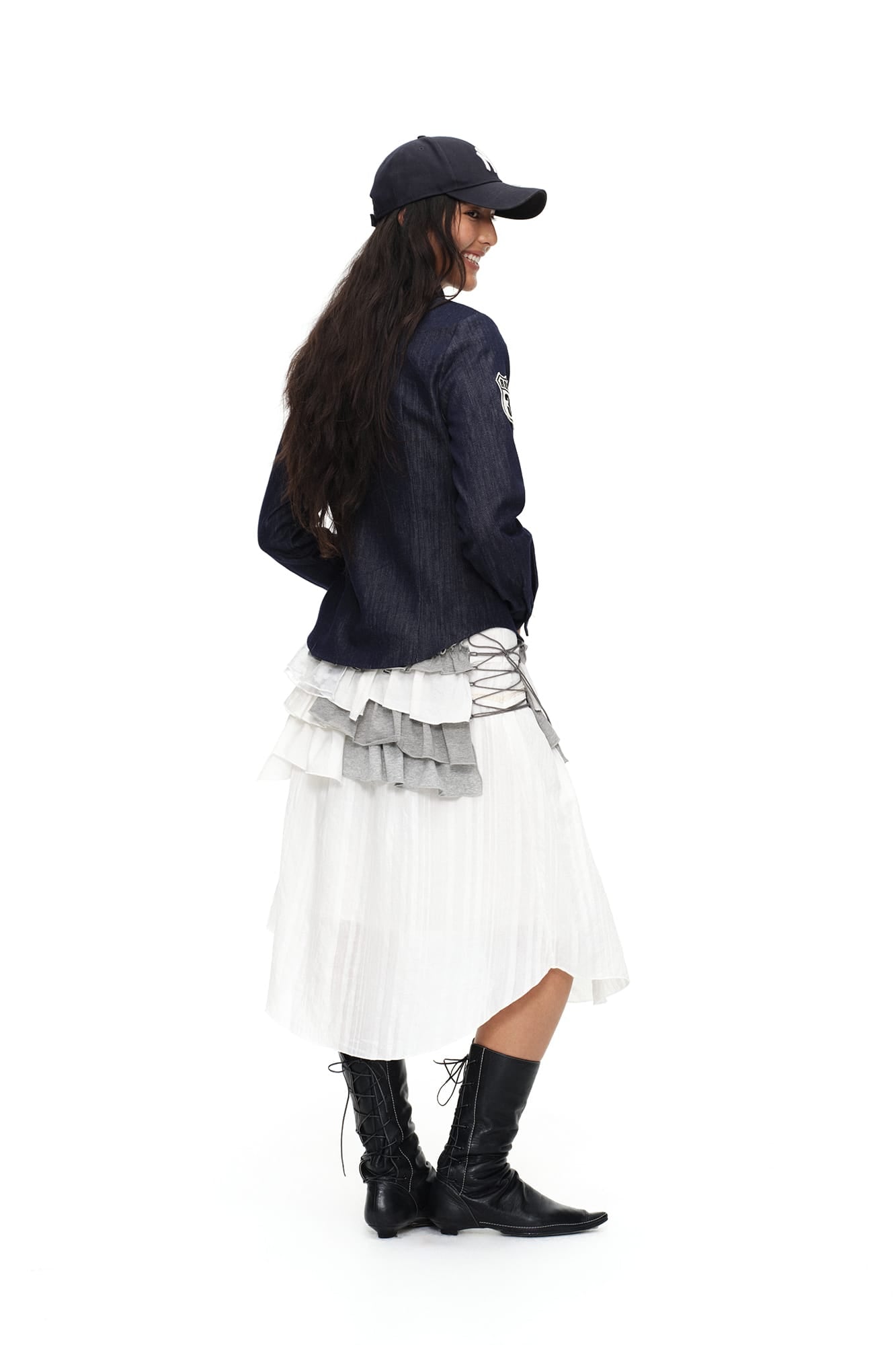 OINIMI Badge-Patch Waist-Cinched Denim Shirt