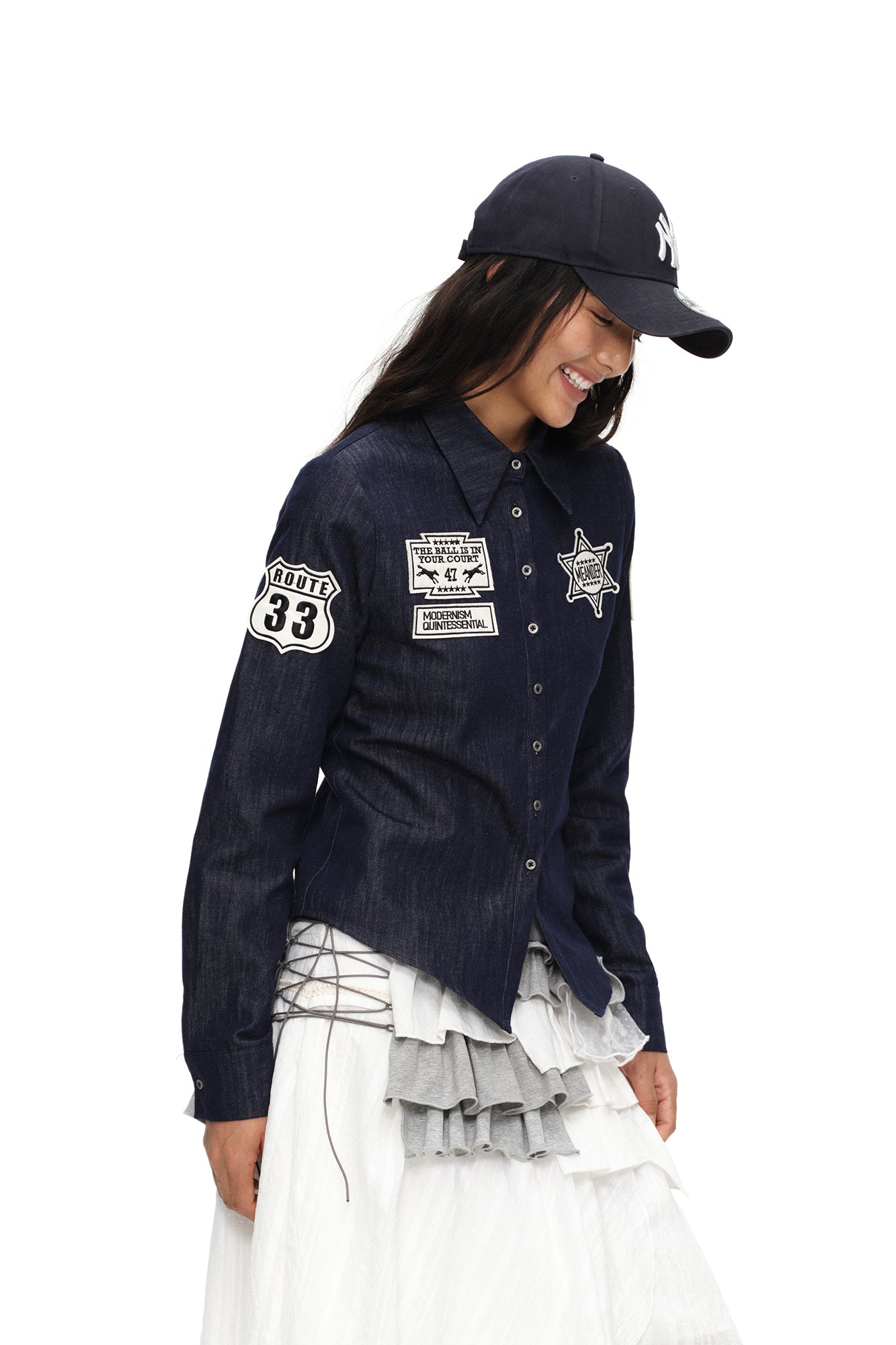 OINIMI Badge-Patch Waist-Cinched Denim Shirt