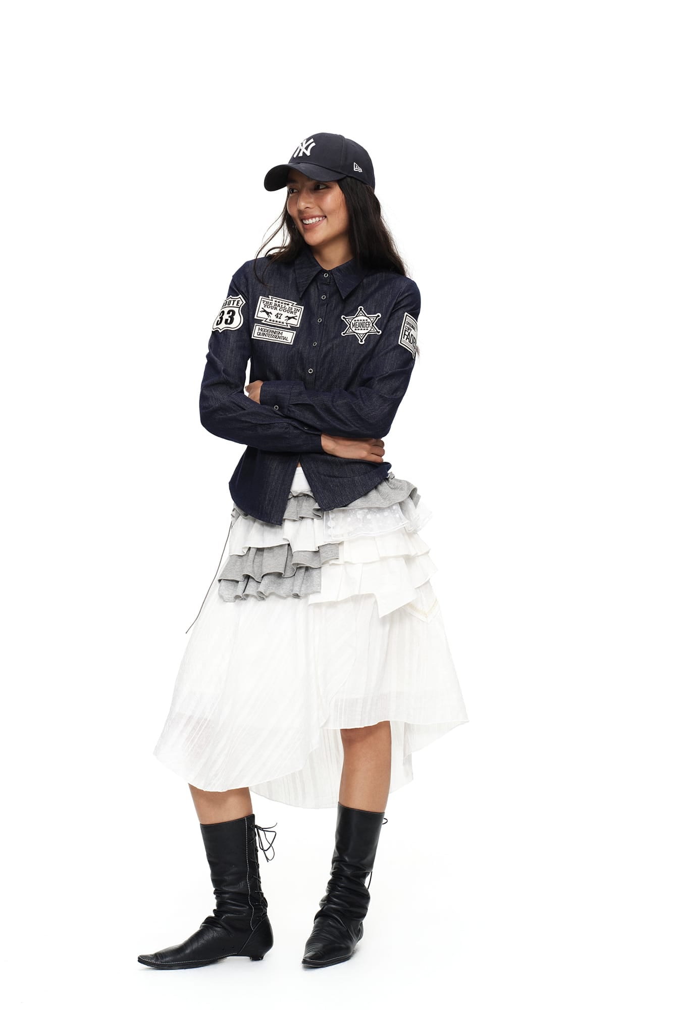 OINIMI Badge-Patch Waist-Cinched Denim Shirt