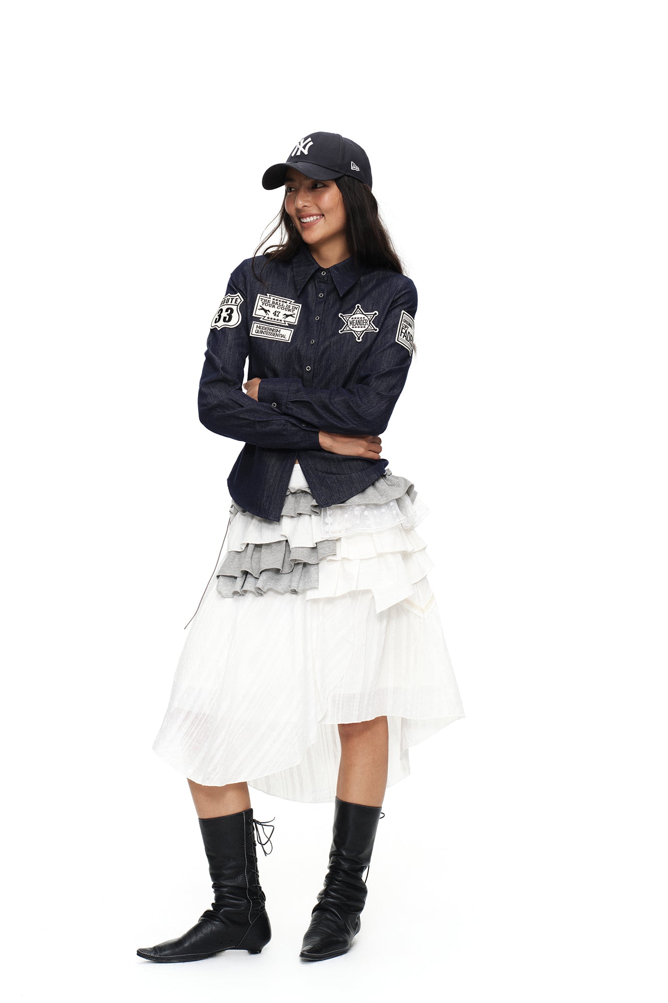 OINIMI Badge-Patch Waist-Cinched Denim Shirt