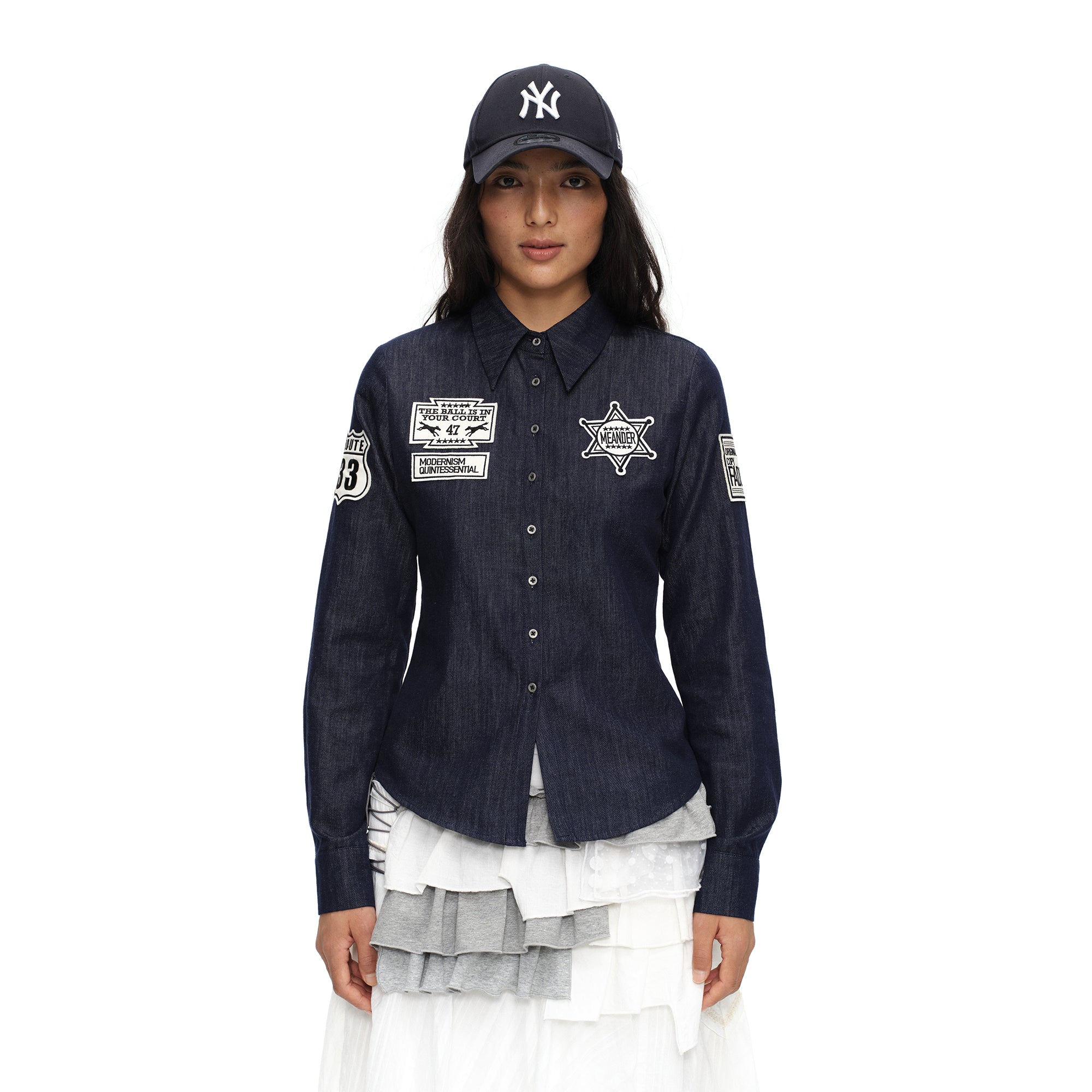 OINIMI Badge-Patch Waist-Cinched Denim Shirt