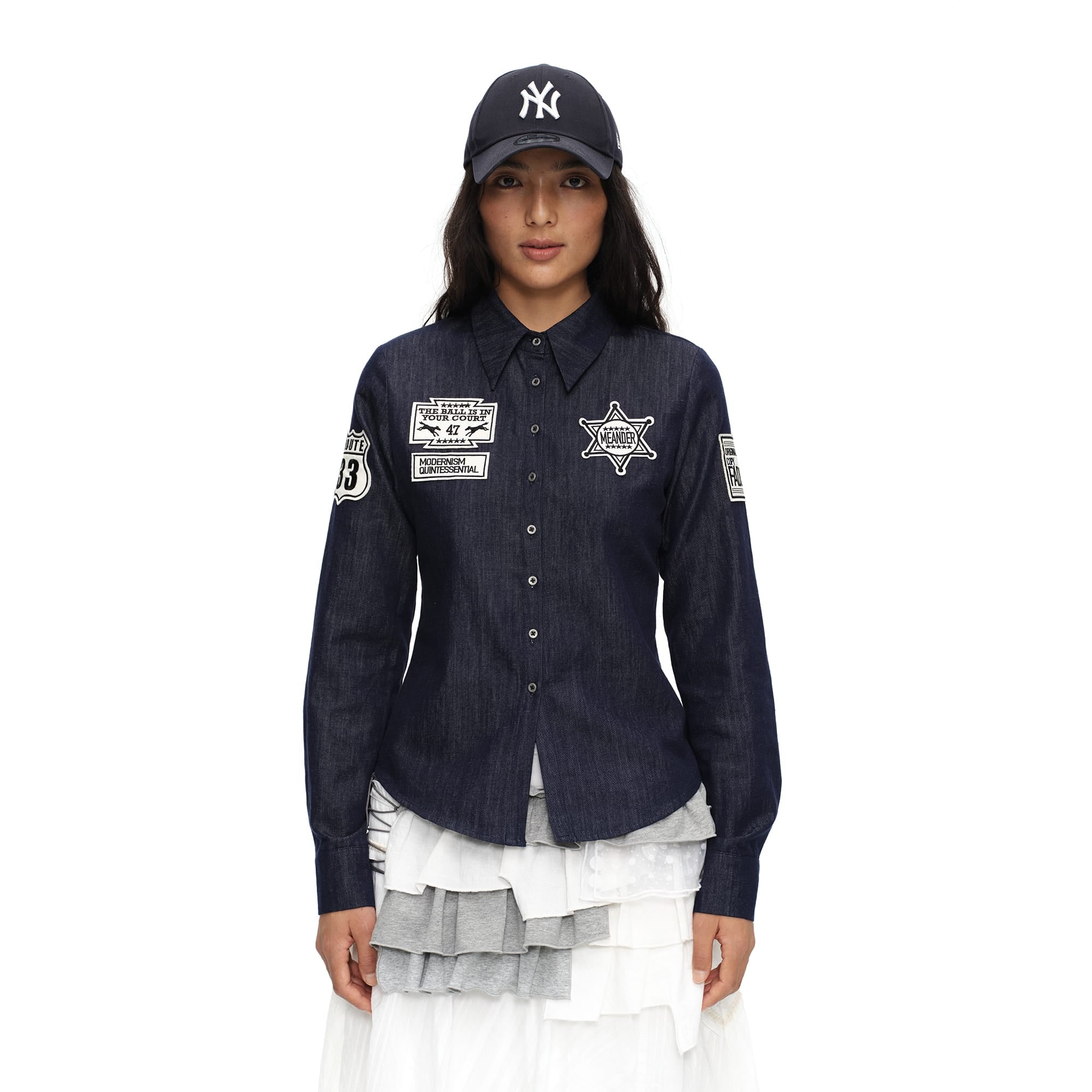 OINIMI Badge-Patch Waist-Cinched Denim Shirt