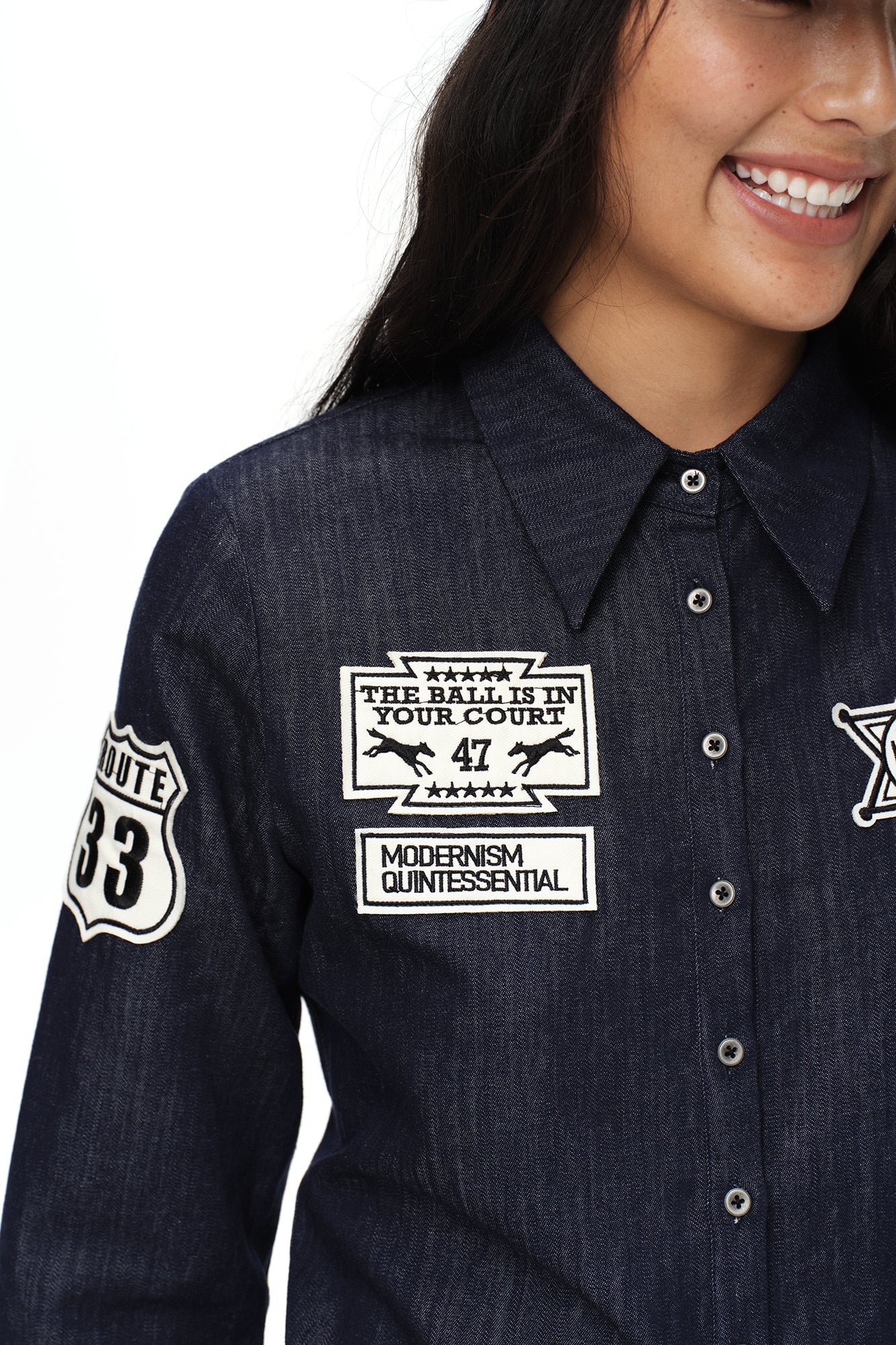 OINIMI Badge-Patch Waist-Cinched Denim Shirt