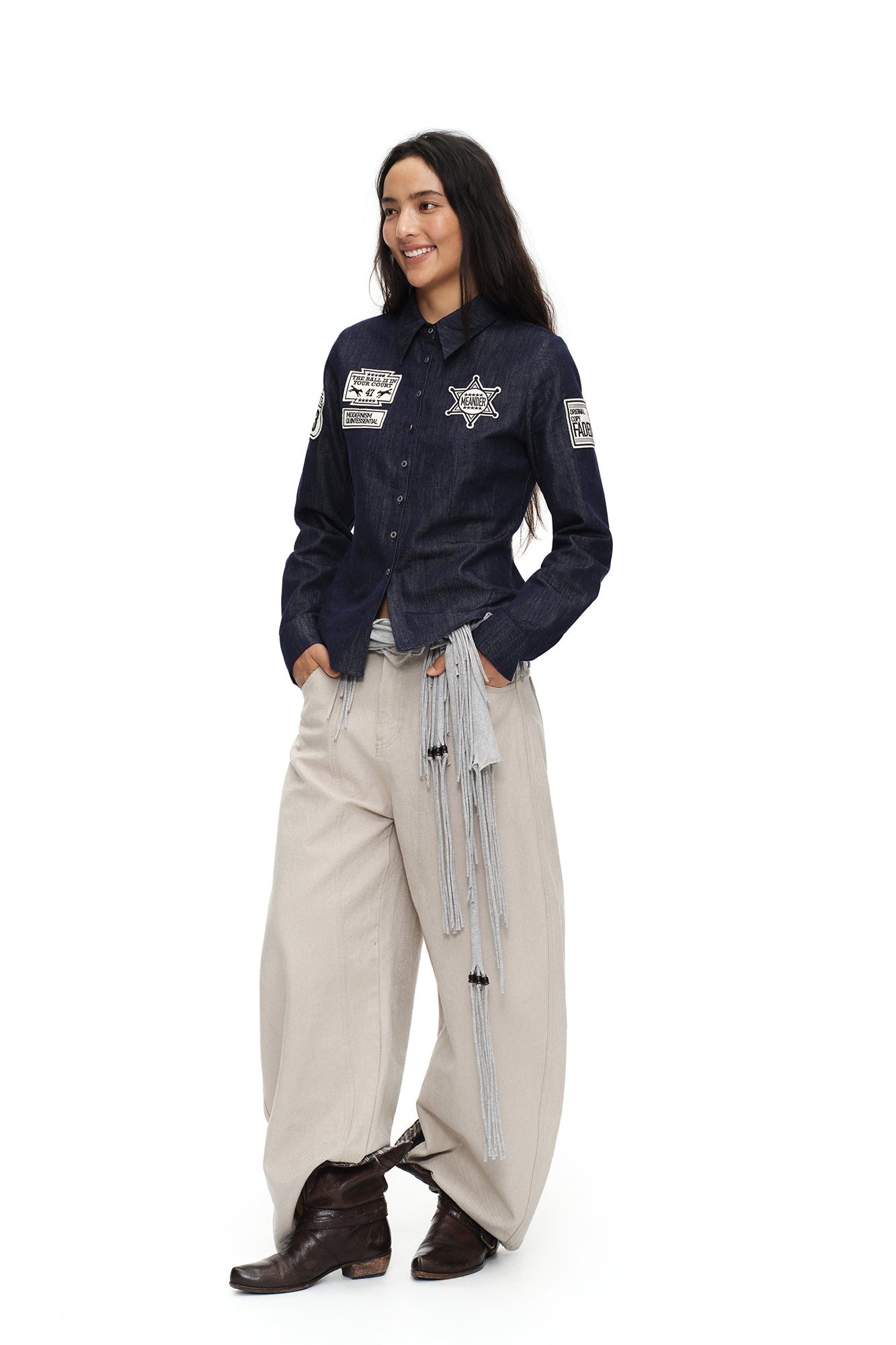 OINIMI Badge-Patch Waist-Cinched Denim Shirt