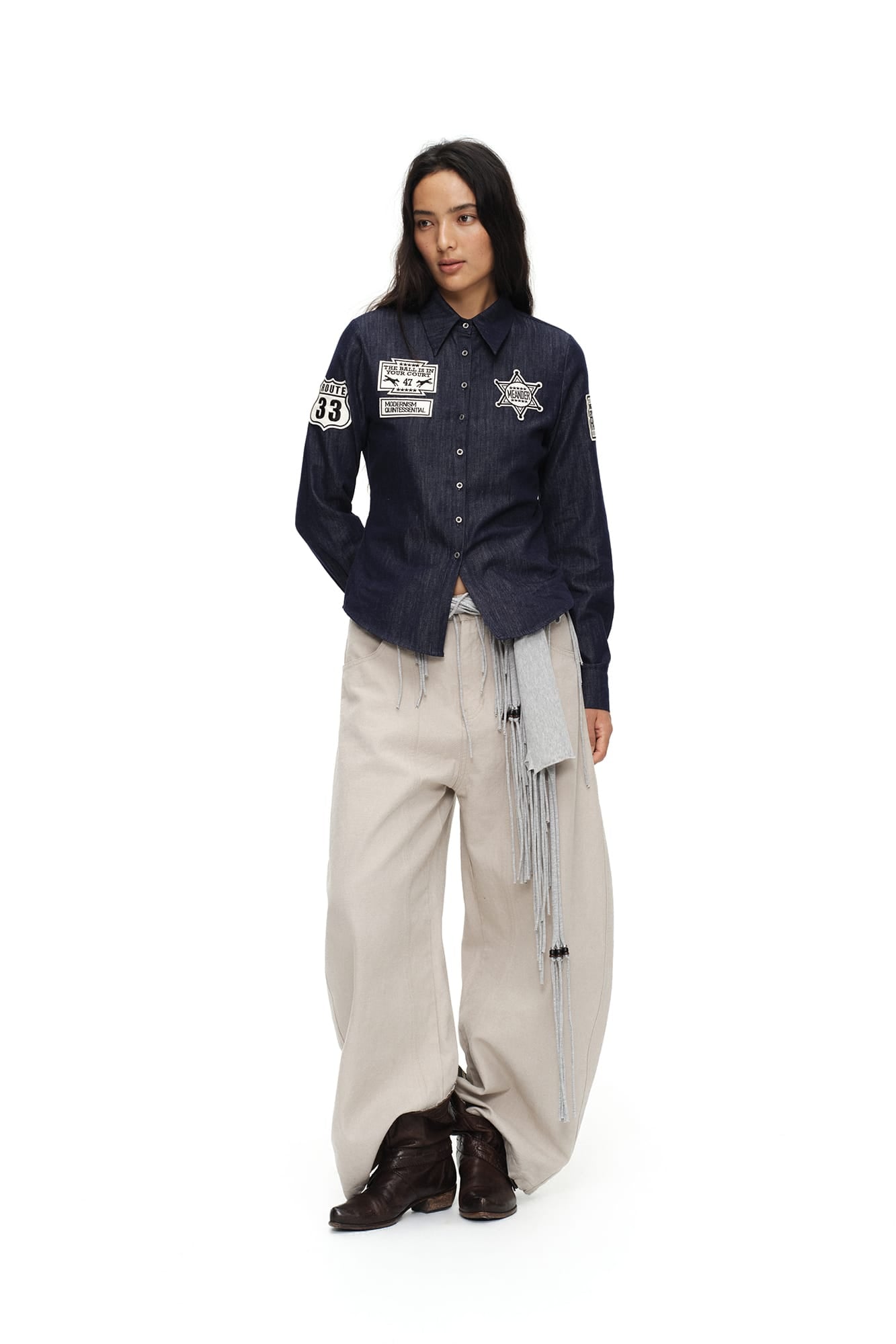 OINIMI Badge-Patch Waist-Cinched Denim Shirt