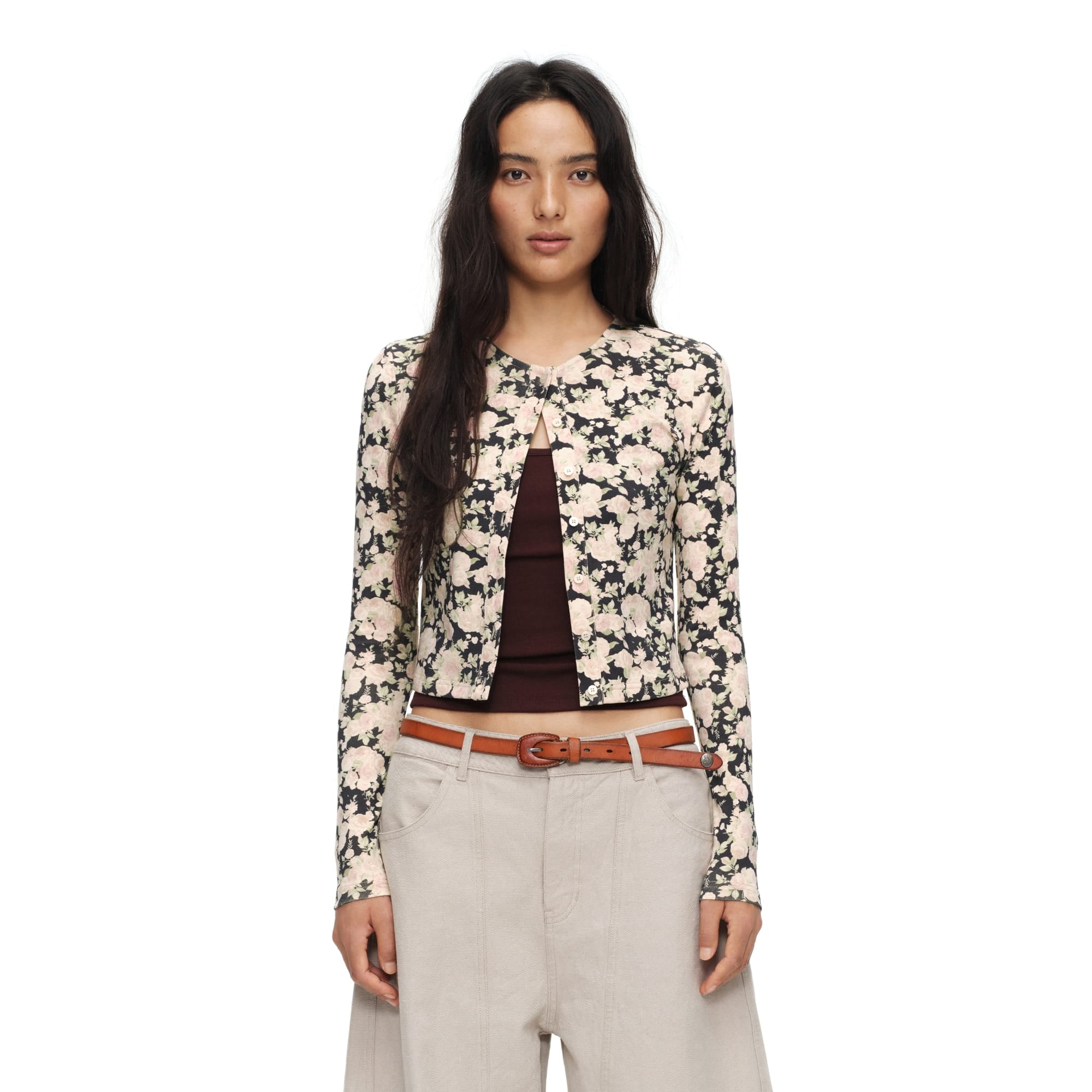 OINIMI Full-Print Floral Henley Cardigan