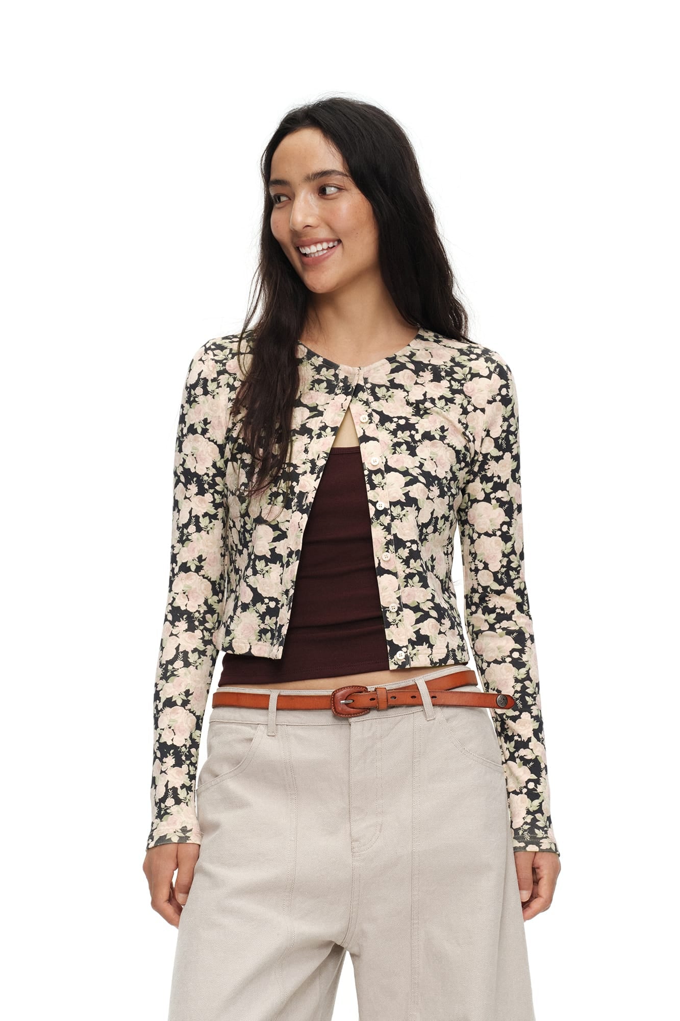 OINIMI Full-Print Floral Henley Cardigan