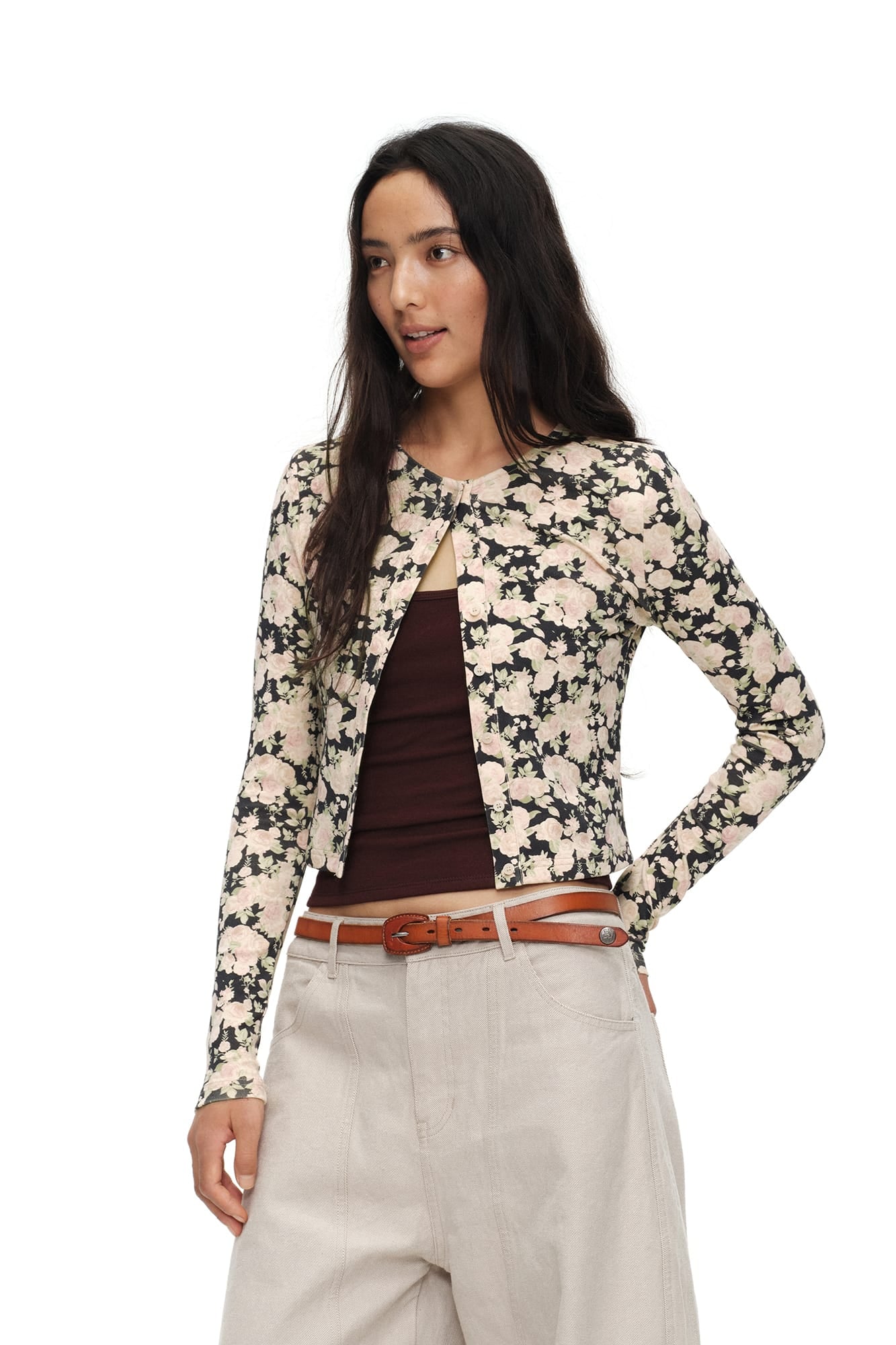 OINIMI Full-Print Floral Henley Cardigan