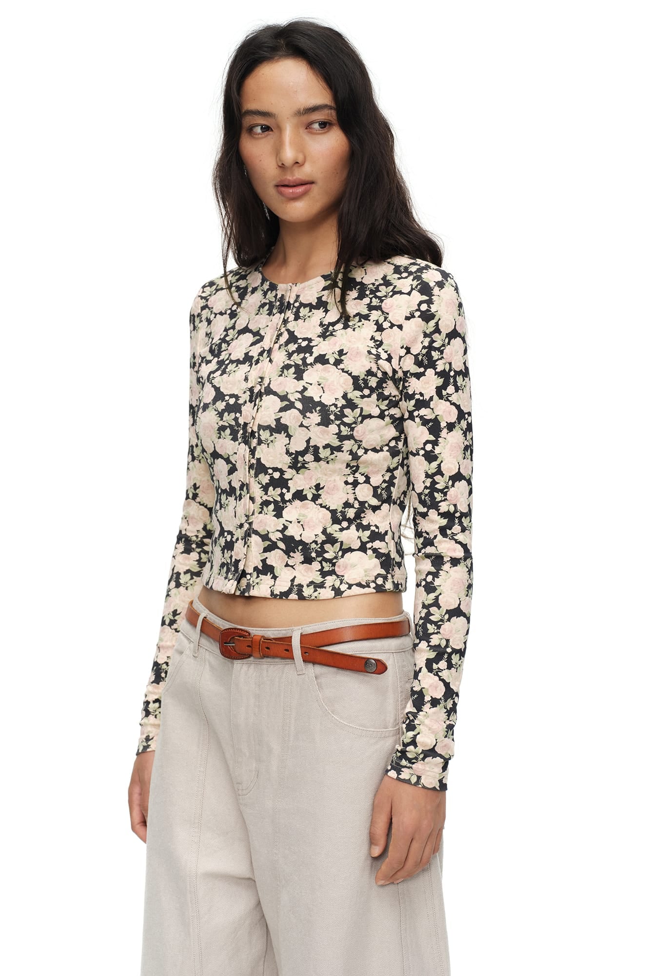 OINIMI Full-Print Floral Henley Cardigan
