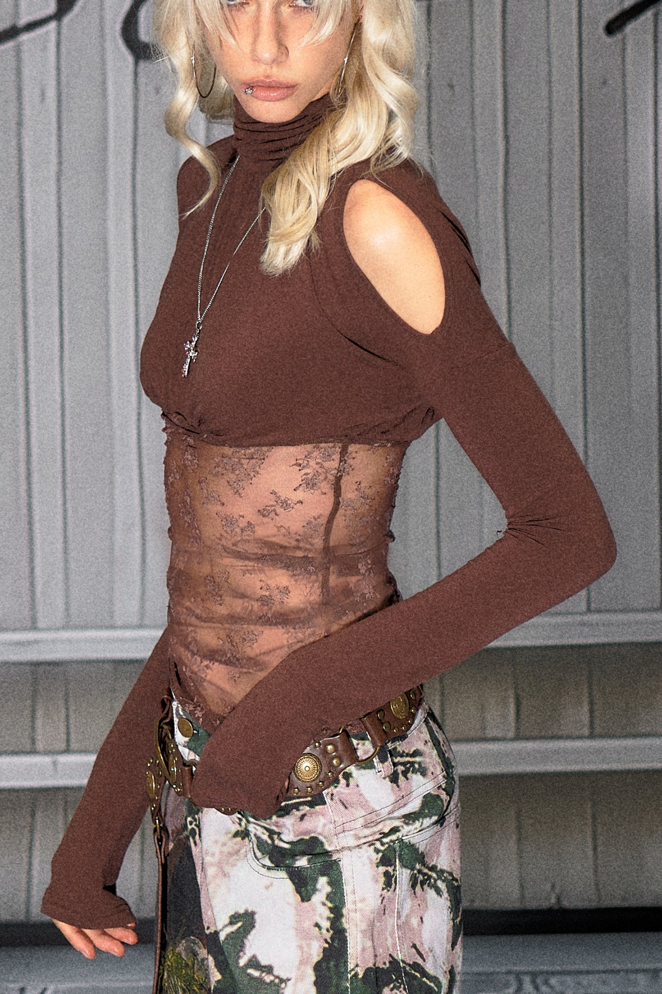 THE NEVERMORE Cold Shoulder Sheer Lace Panel Top