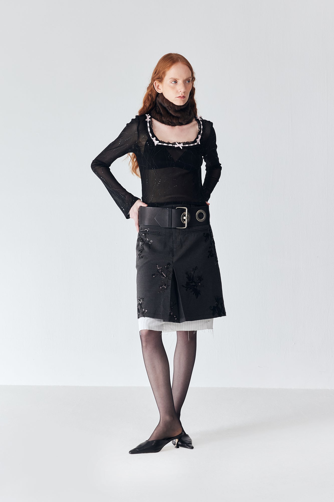 JIUWU PARK Contrast Bow-Trim Mesh Long-Sleeve Tee