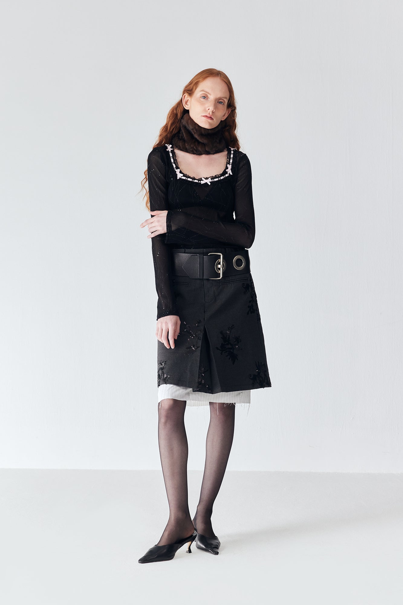 JIUWU PARK Contrast Bow-Trim Mesh Long-Sleeve Tee