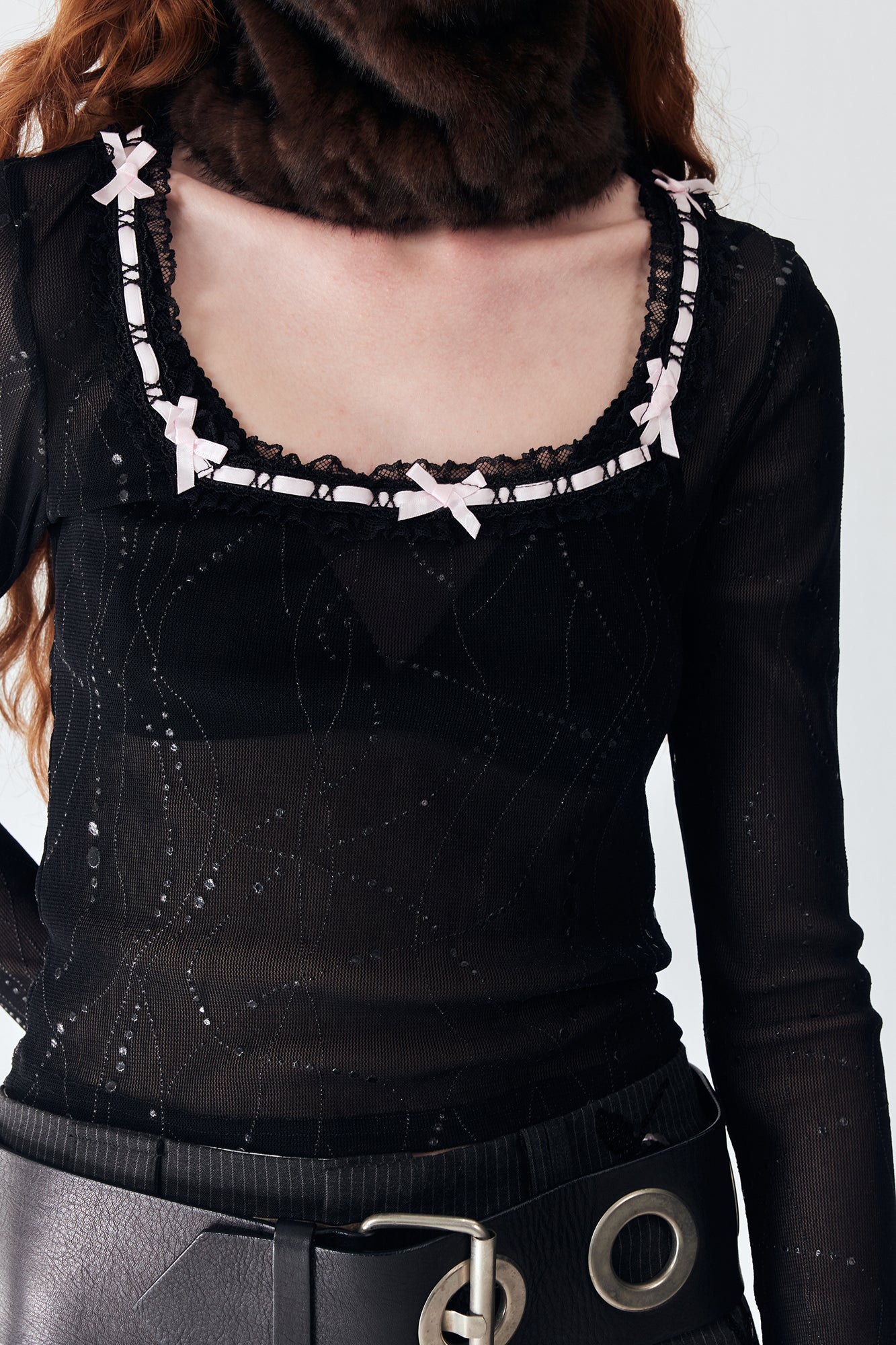 JIUWU PARK Contrast Bow-Trim Mesh Long-Sleeve Tee