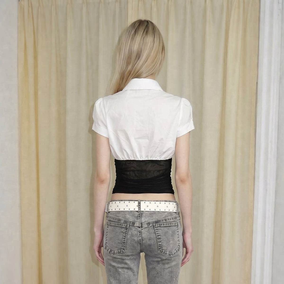 EMOHA Lace-Spliced Tie-Neck Slim Short-Sleeve Shirt — square · back
