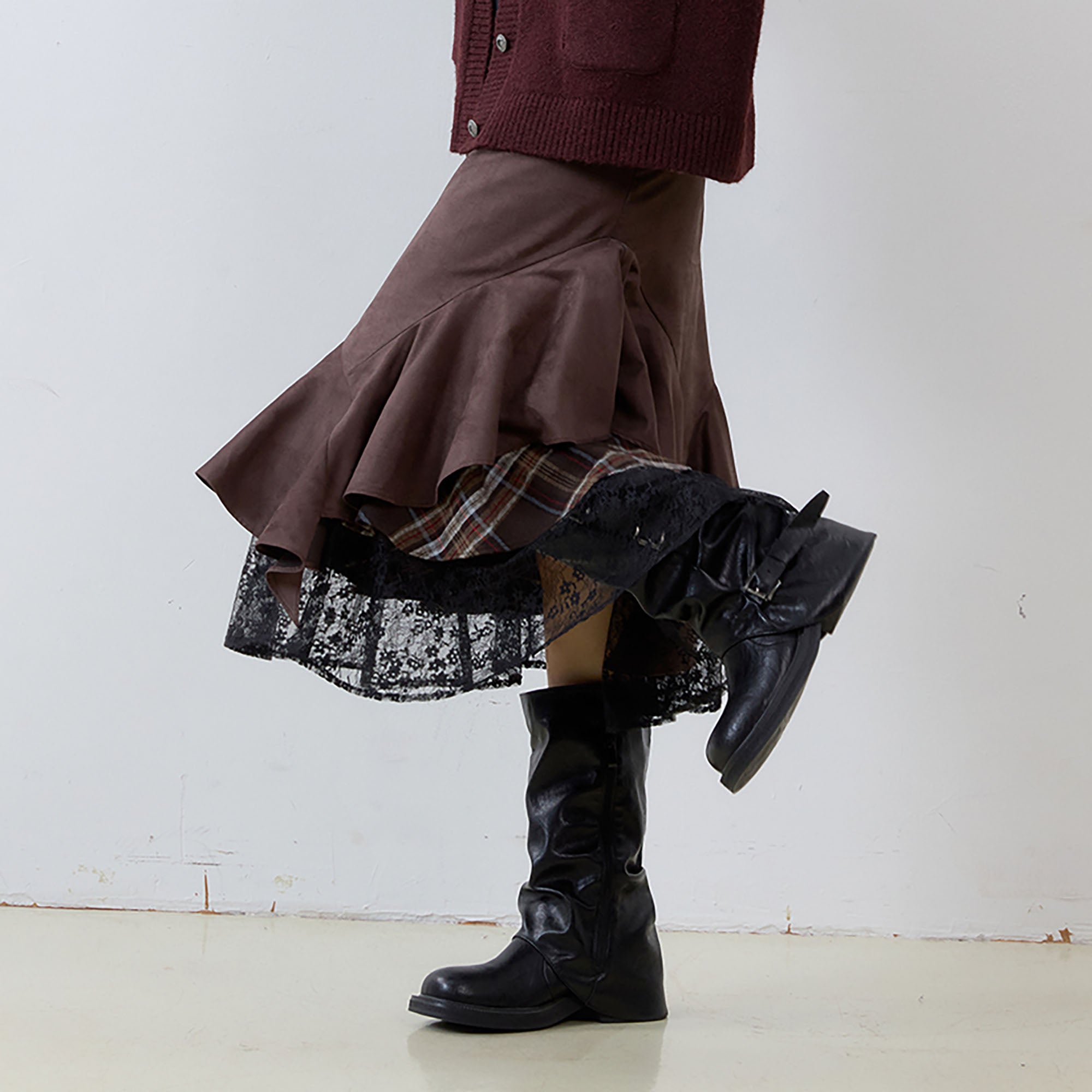 NOESE Asymmetrical Spliced Plaid-Lace Layered Ruffle Skirt