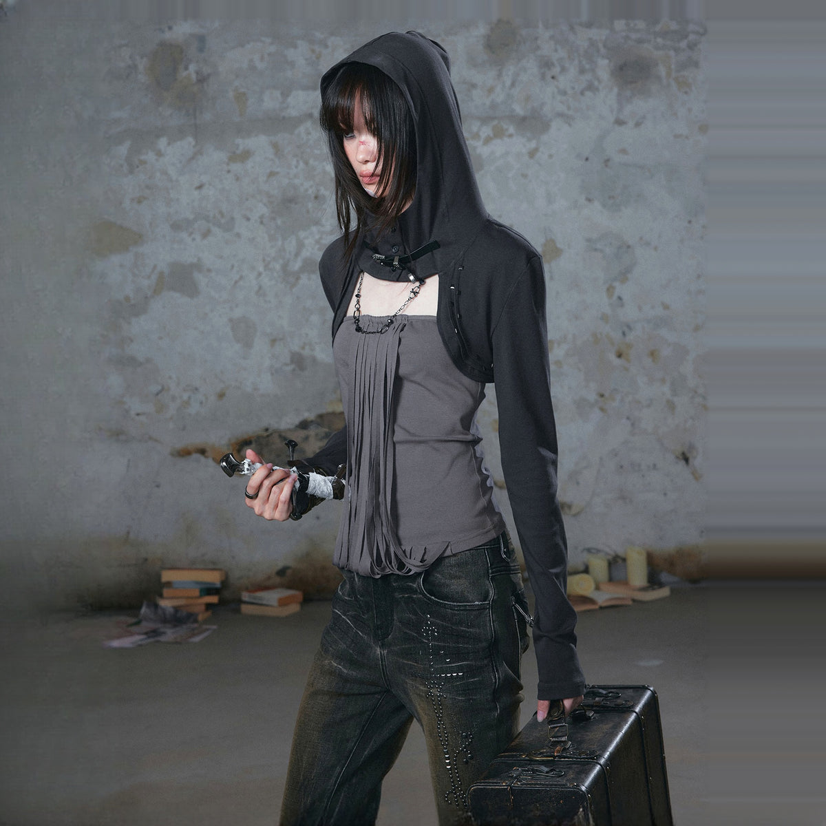 CESTNOUS Belted Frayed Studded Layered Hooded Long-Sleeve Tee — square · side