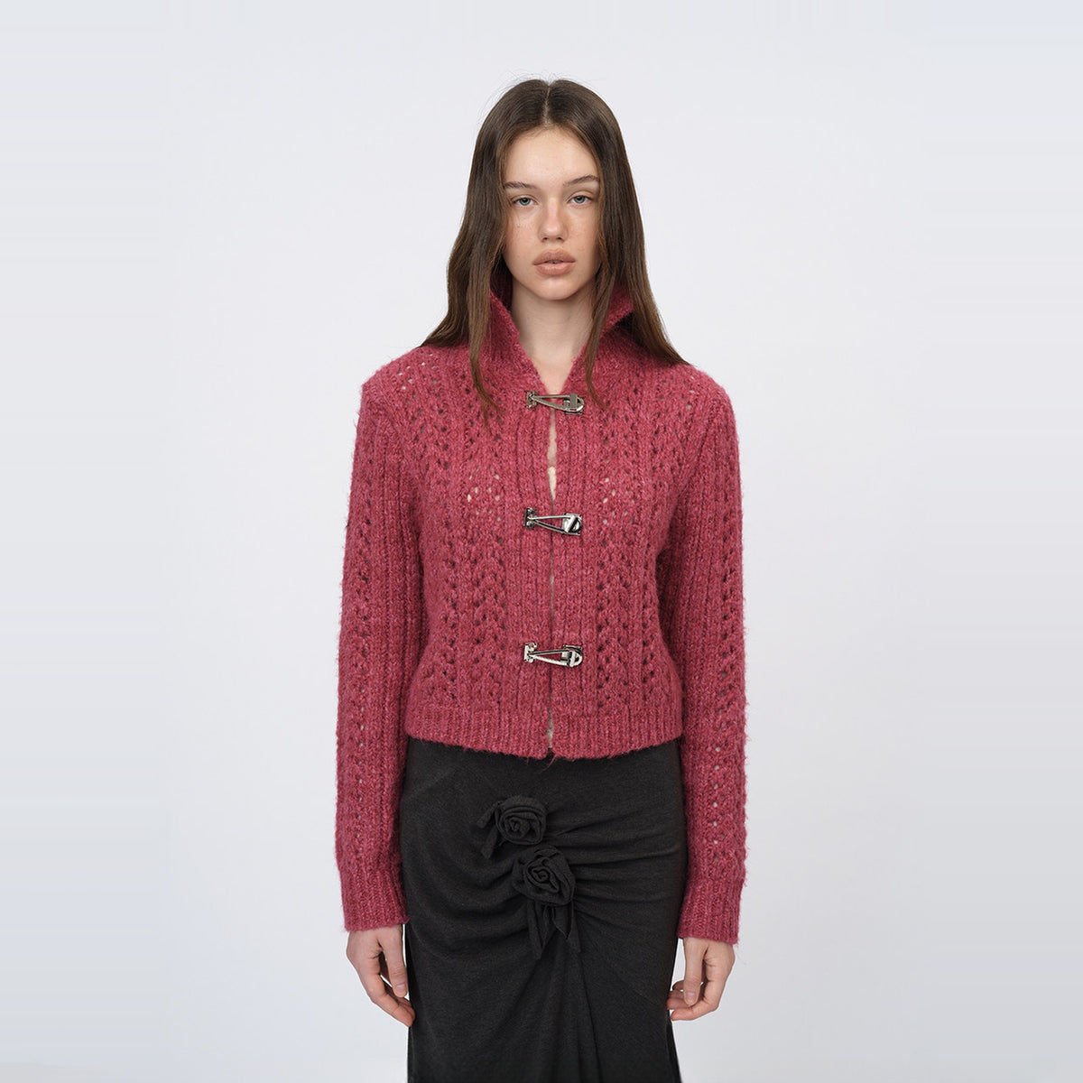 DOTYEARS Two-Tone Open-Knit Mock-Neck Cardigan — square · front · Rose Pink