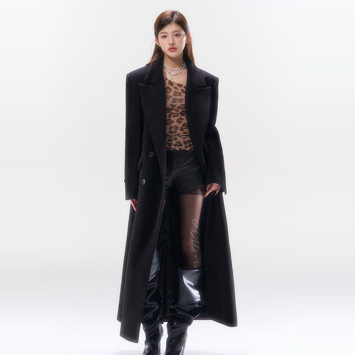 HIIMDAI Wool-Blend Cinched-Waist Lapel Long Coat — square · front · Knight Black