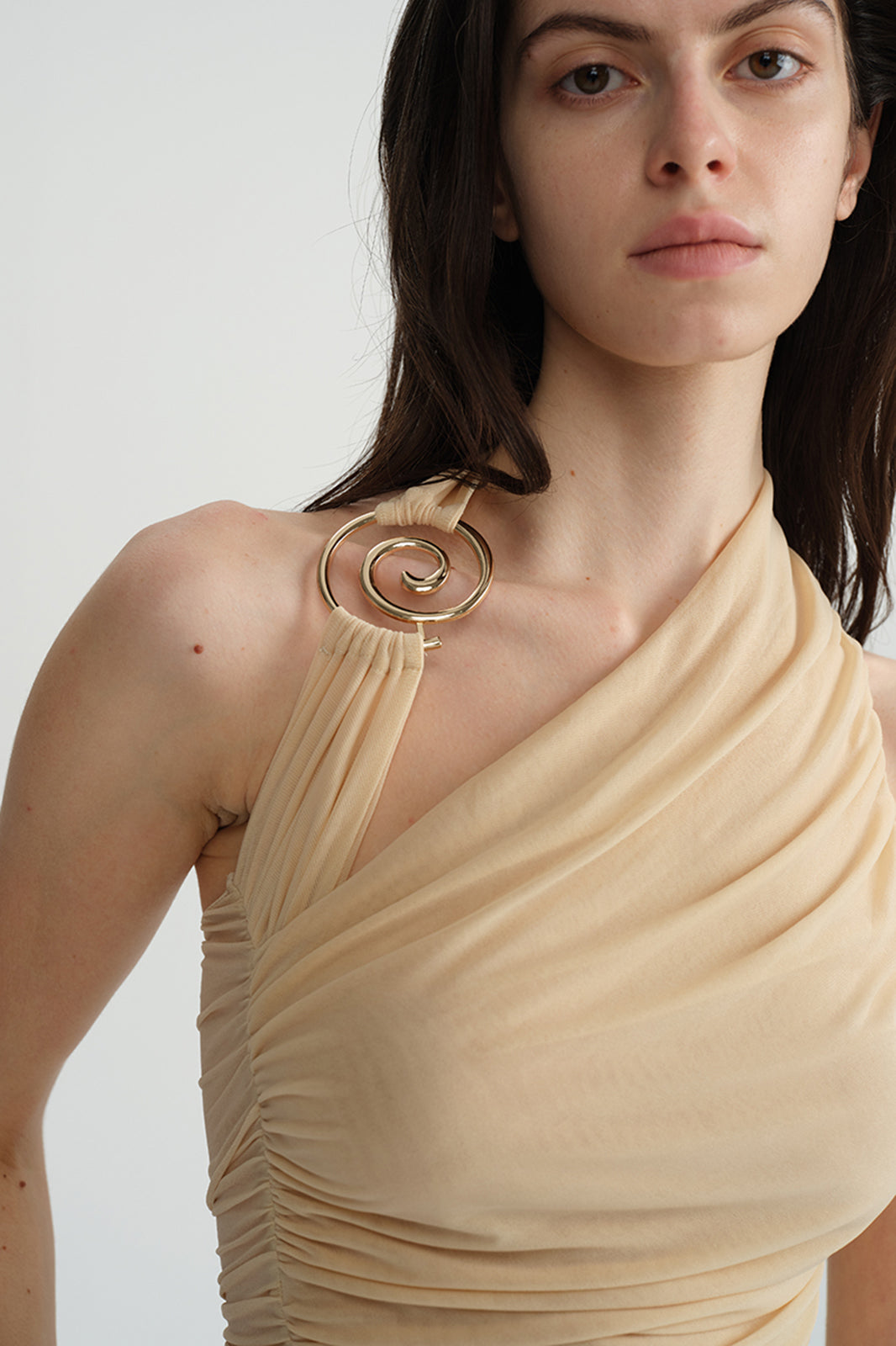 DOTYEARS Spiral Hardware Ruched One-Shoulder Top