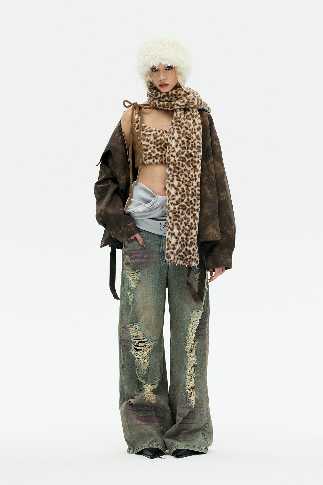 EMOHA Fuzzy Leopard Tie-Up Crop Top