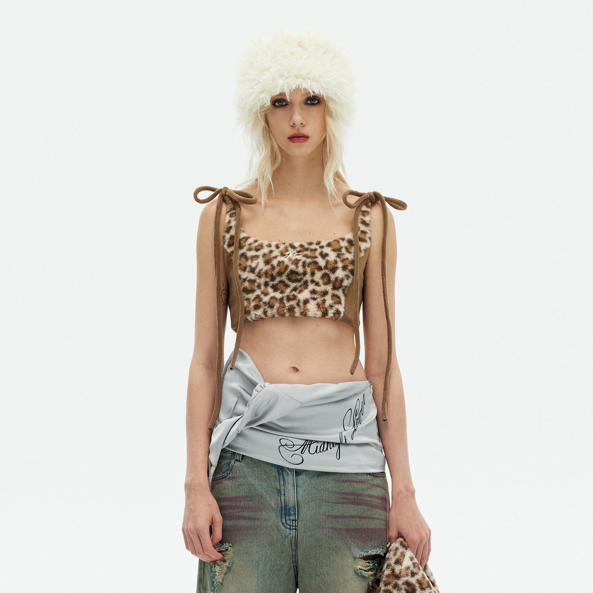 EMOHA Fuzzy Leopard Tie-Up Crop Top