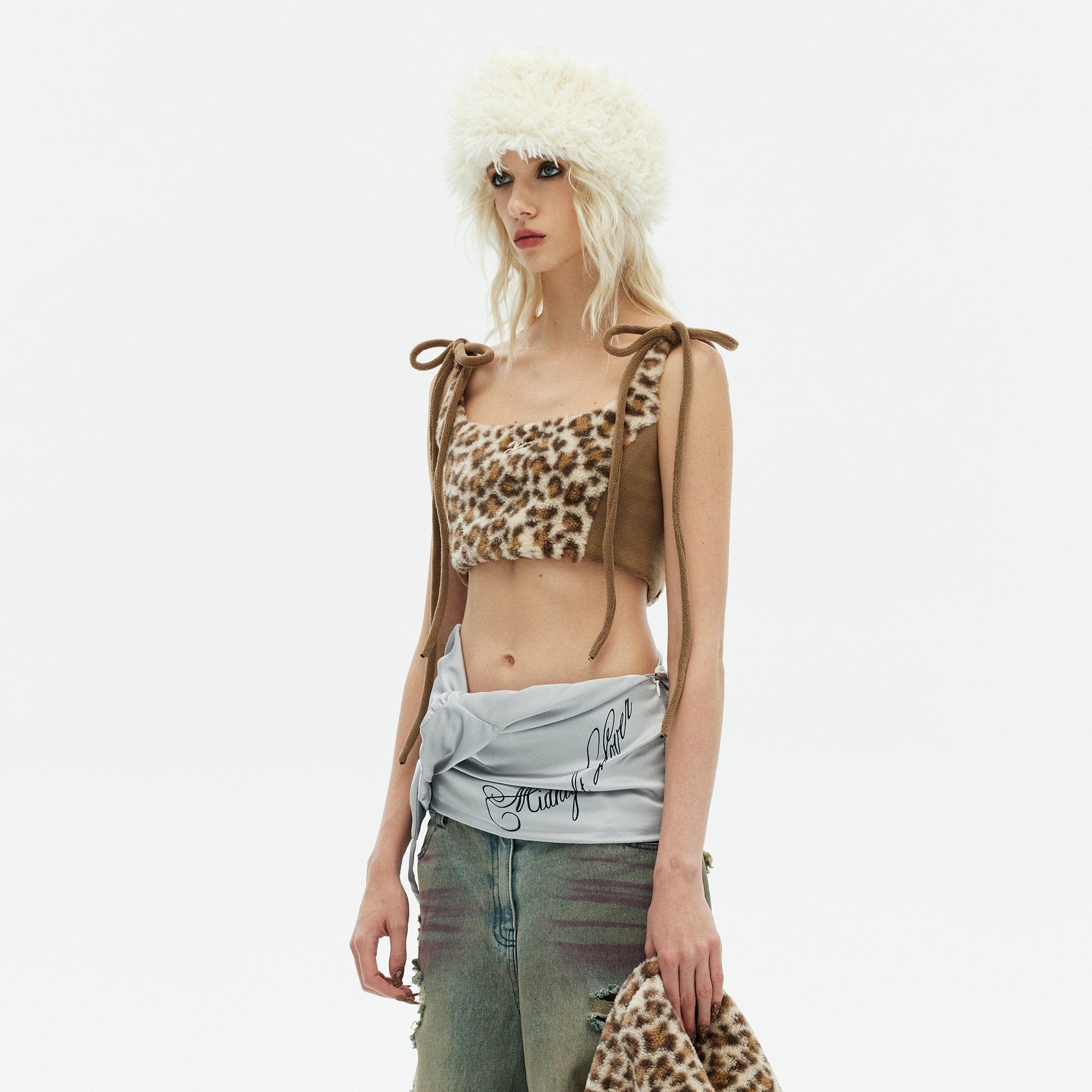 EMOHA Fuzzy Leopard Tie-Up Crop Top