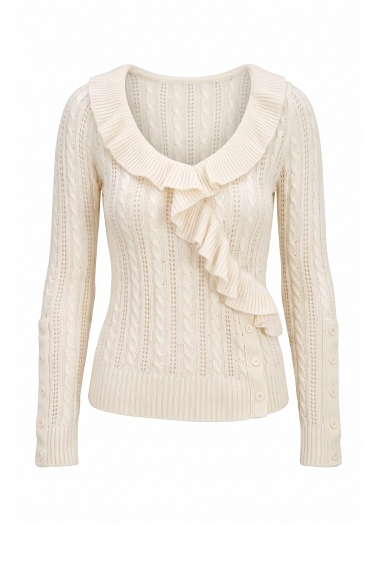 FAYCHUI Cable-Knit Cut-Out Ruffle-Hem Slim Sweater — flat lay