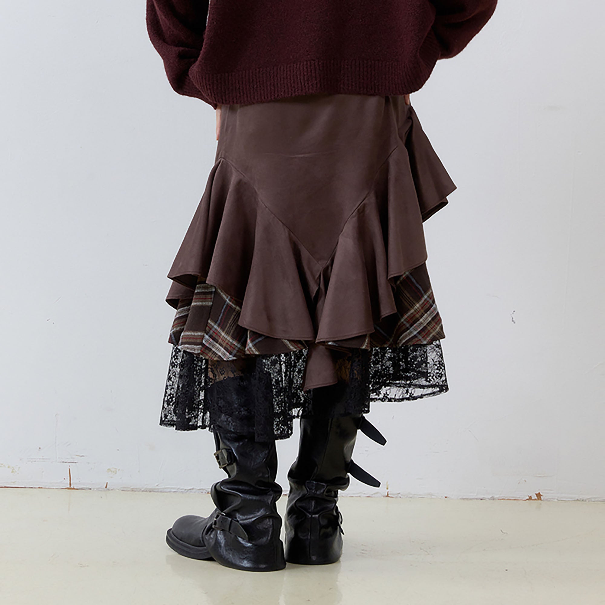 NOESE Asymmetrical Spliced Plaid-Lace Layered Ruffle Skirt