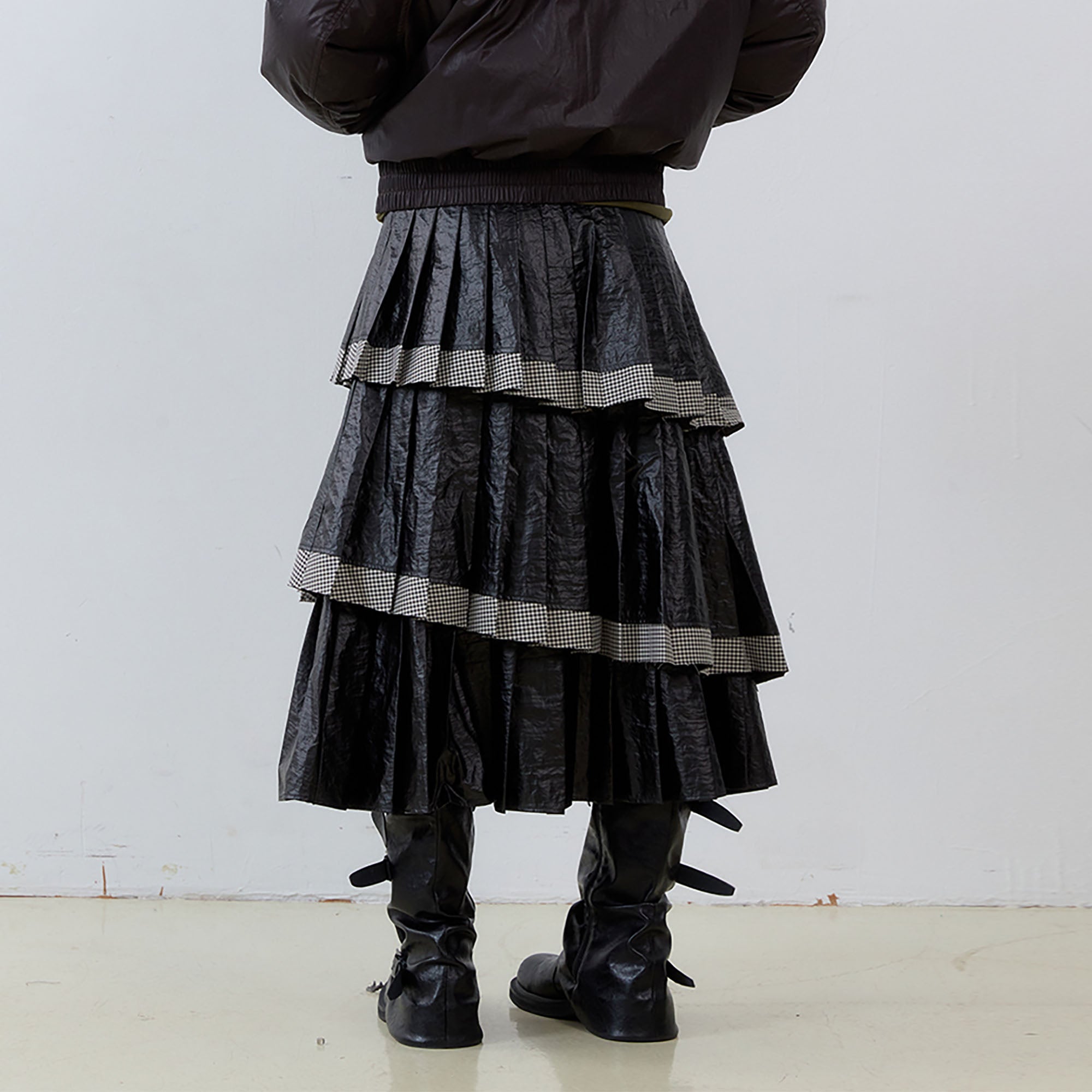 NOESE Faux Leather Pleated Layered Cake Skirt