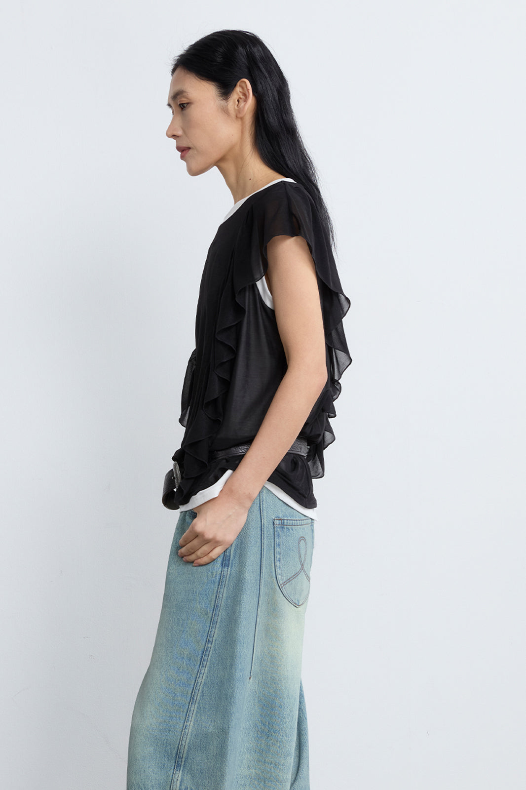 NOESE Sheer Ruffle Layered T-Shirt