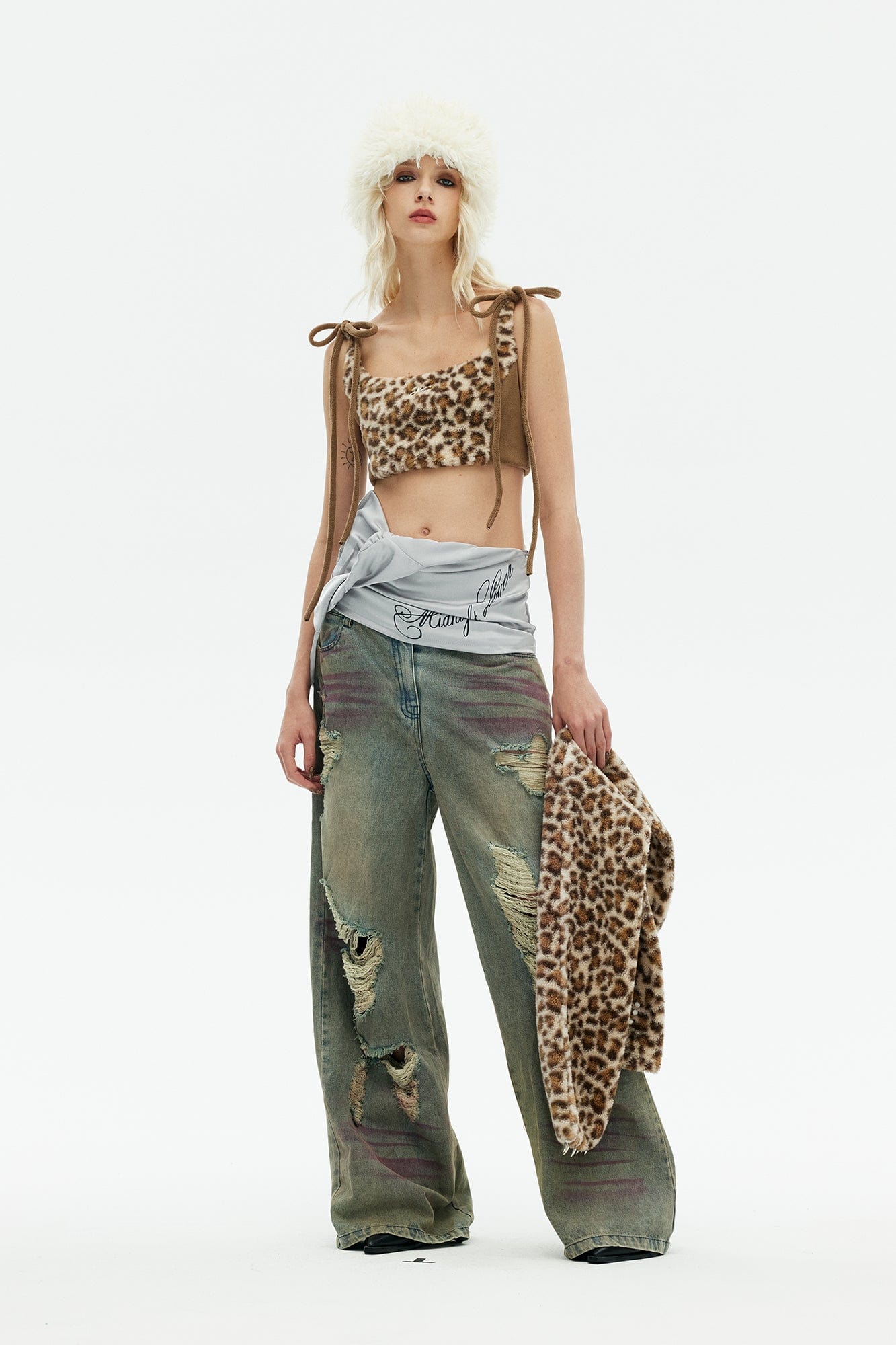 EMOHA Fuzzy Leopard Tie-Up Crop Top