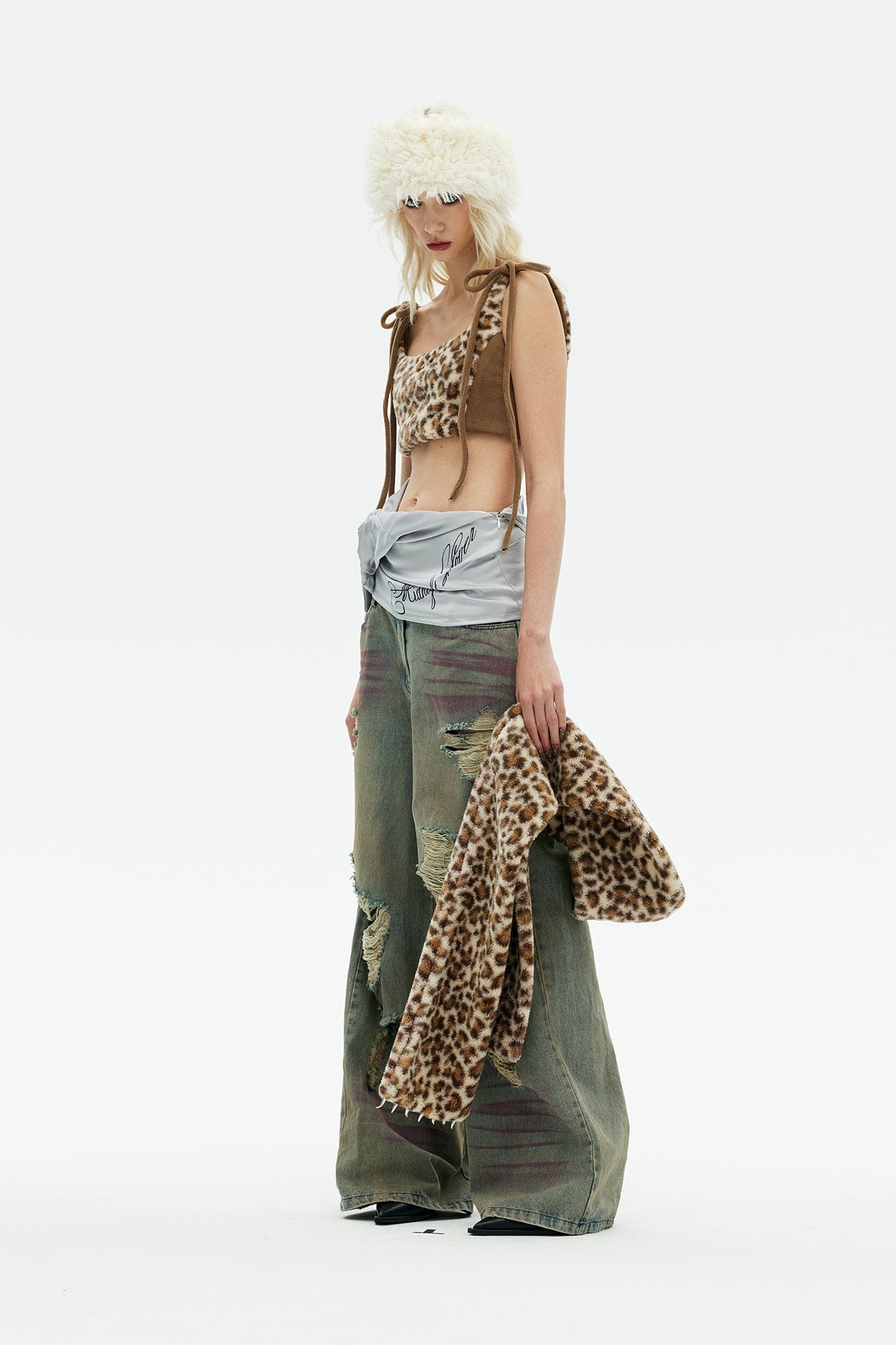 EMOHA Fuzzy Leopard Tie-Up Crop Top