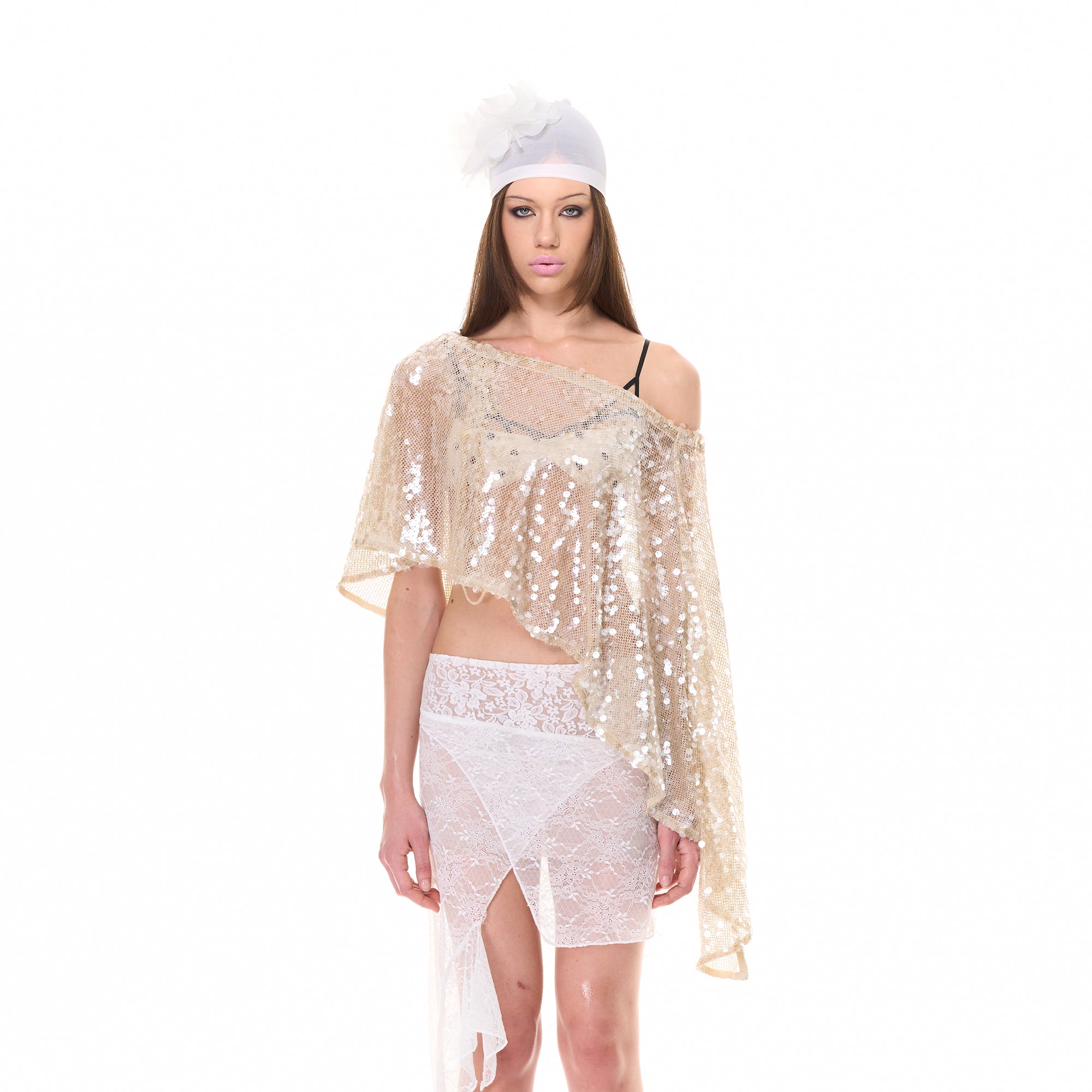 NEVER OFFEND L ANGEL Asymmetrical Sequin Mesh Cape Top