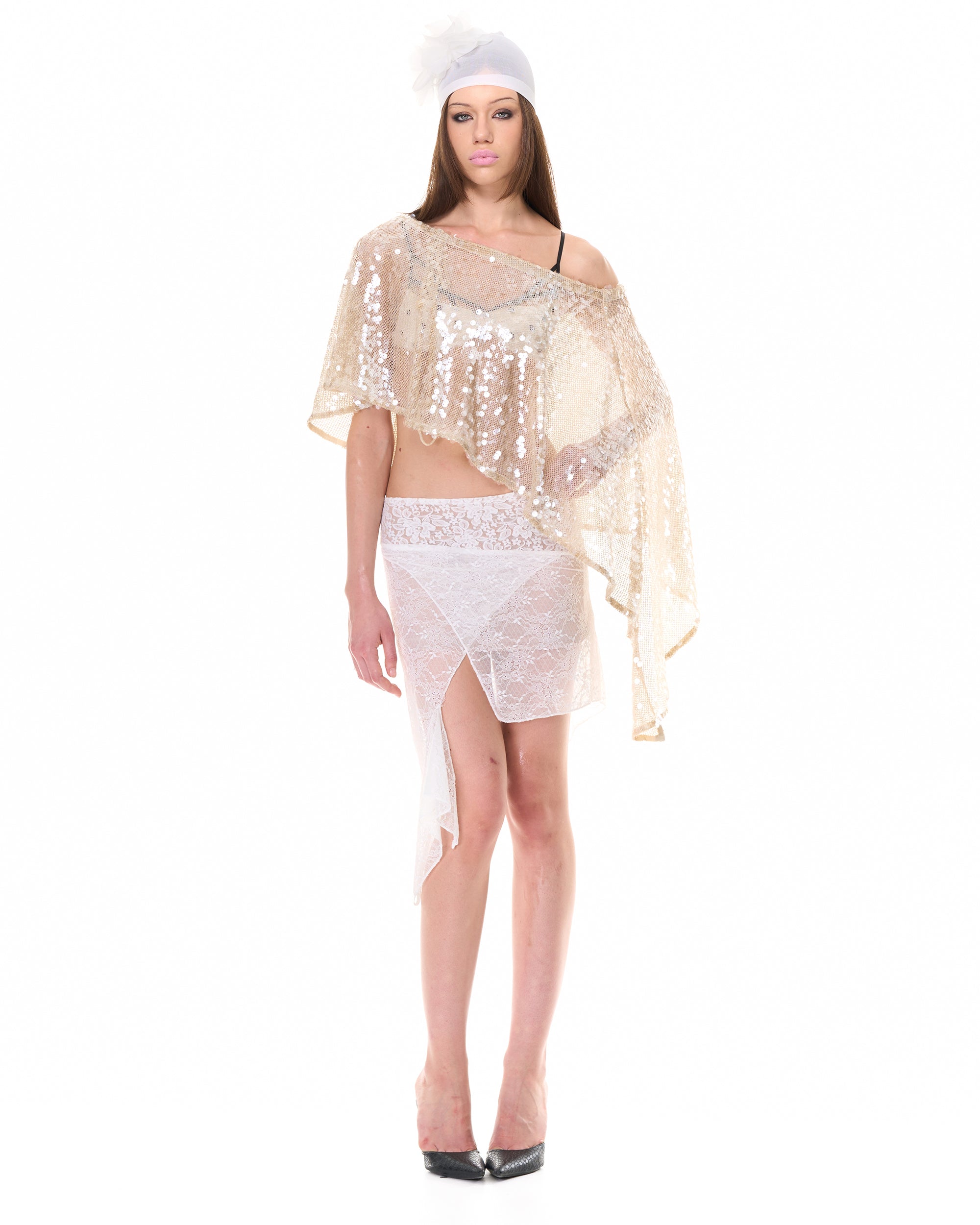 NEVER OFFEND L ANGEL Asymmetrical Sequin Mesh Cape Top