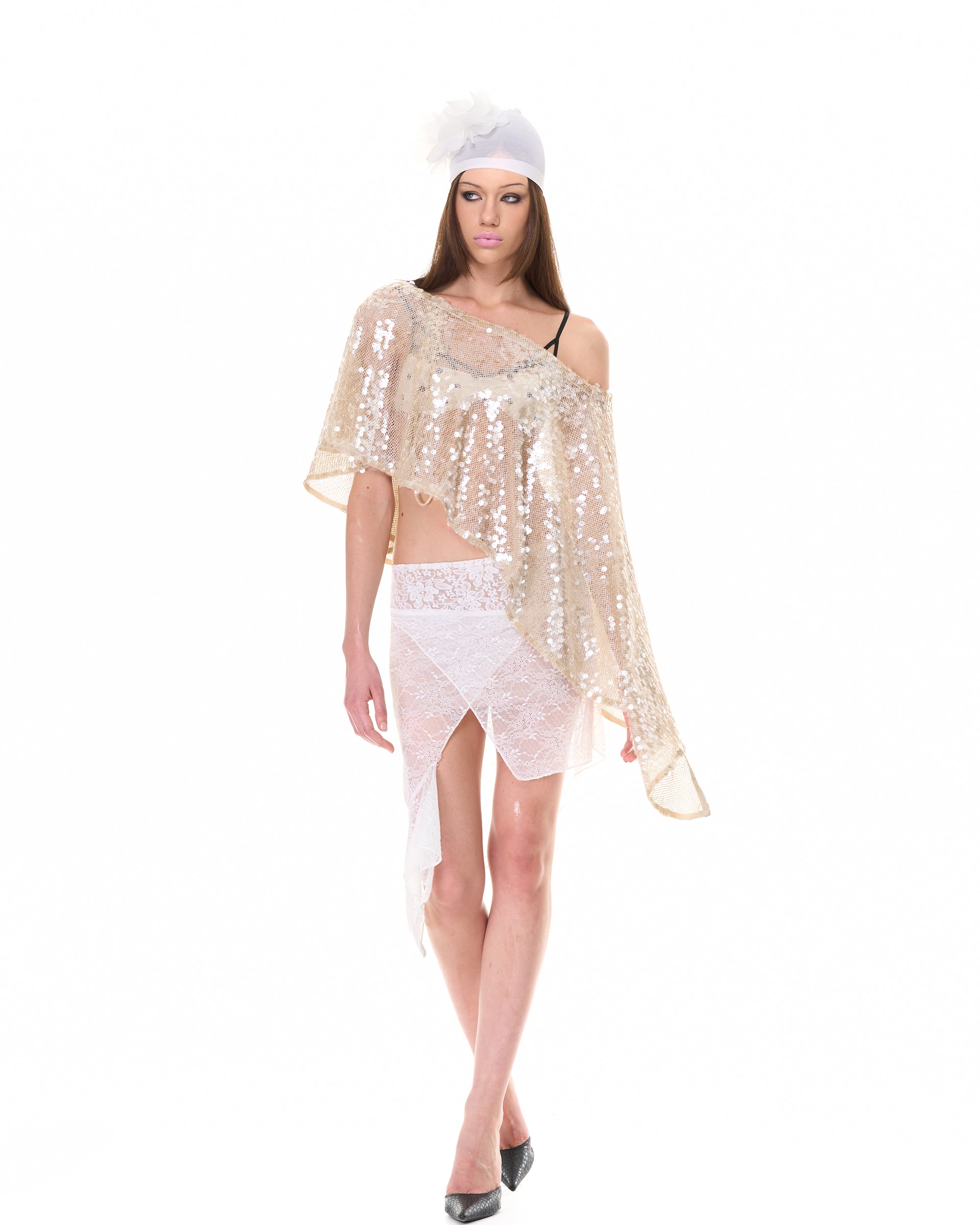 NEVER OFFEND L ANGEL Asymmetrical Sequin Mesh Cape Top