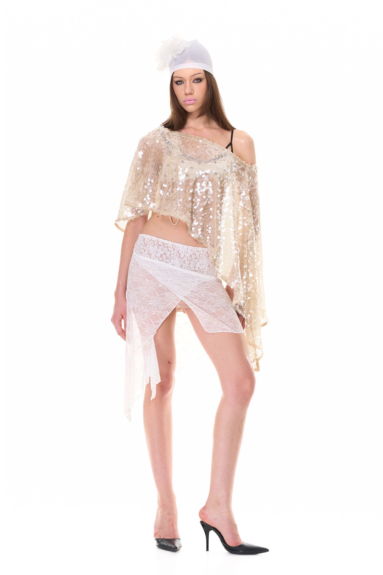 NEVER OFFEND L ANGEL Sheer Lace Asymmetrical Mini Skirt