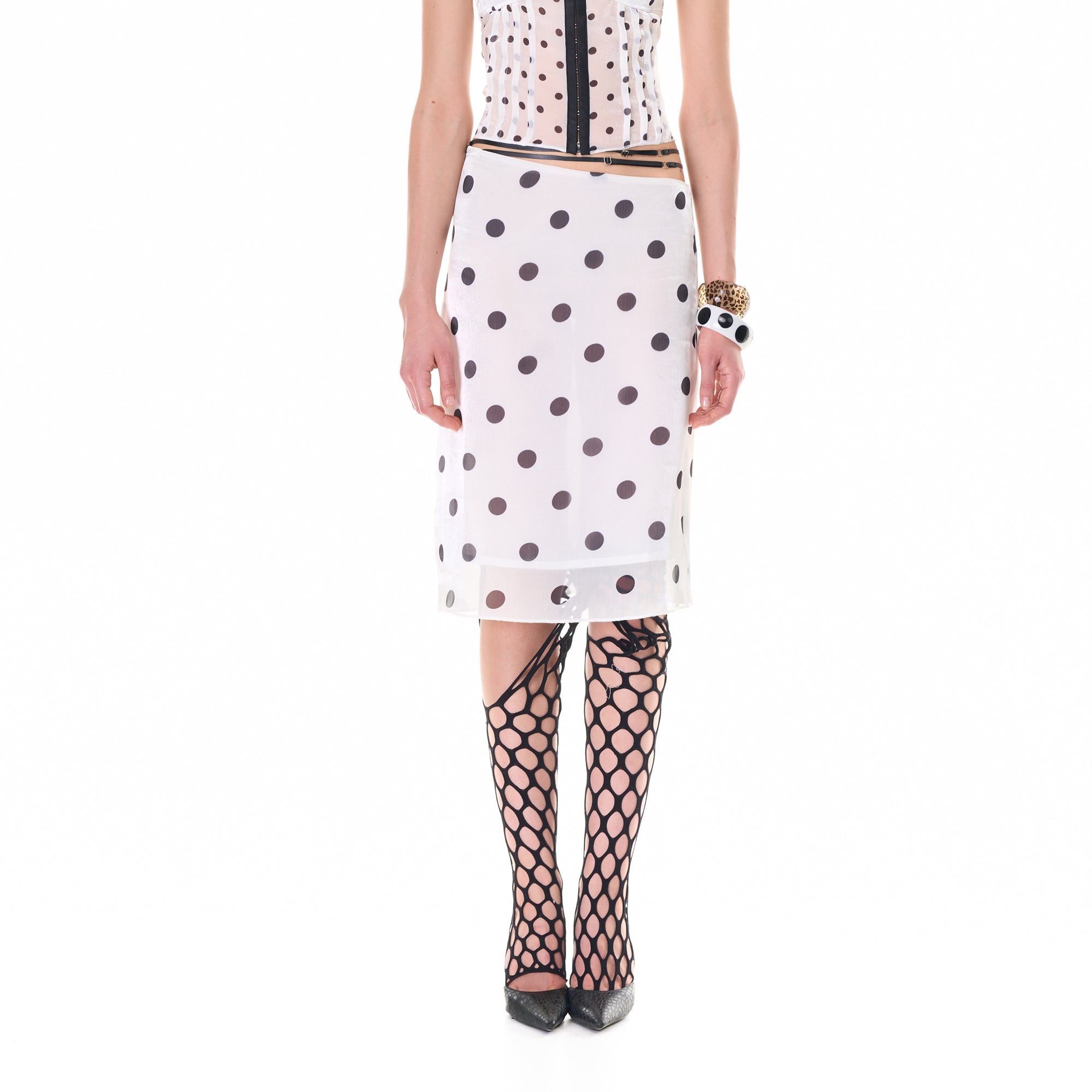 NEVER OFFEND L ANGEL Satin Shell Bandeau And Polka Dot Sheer Midi Skirt Set