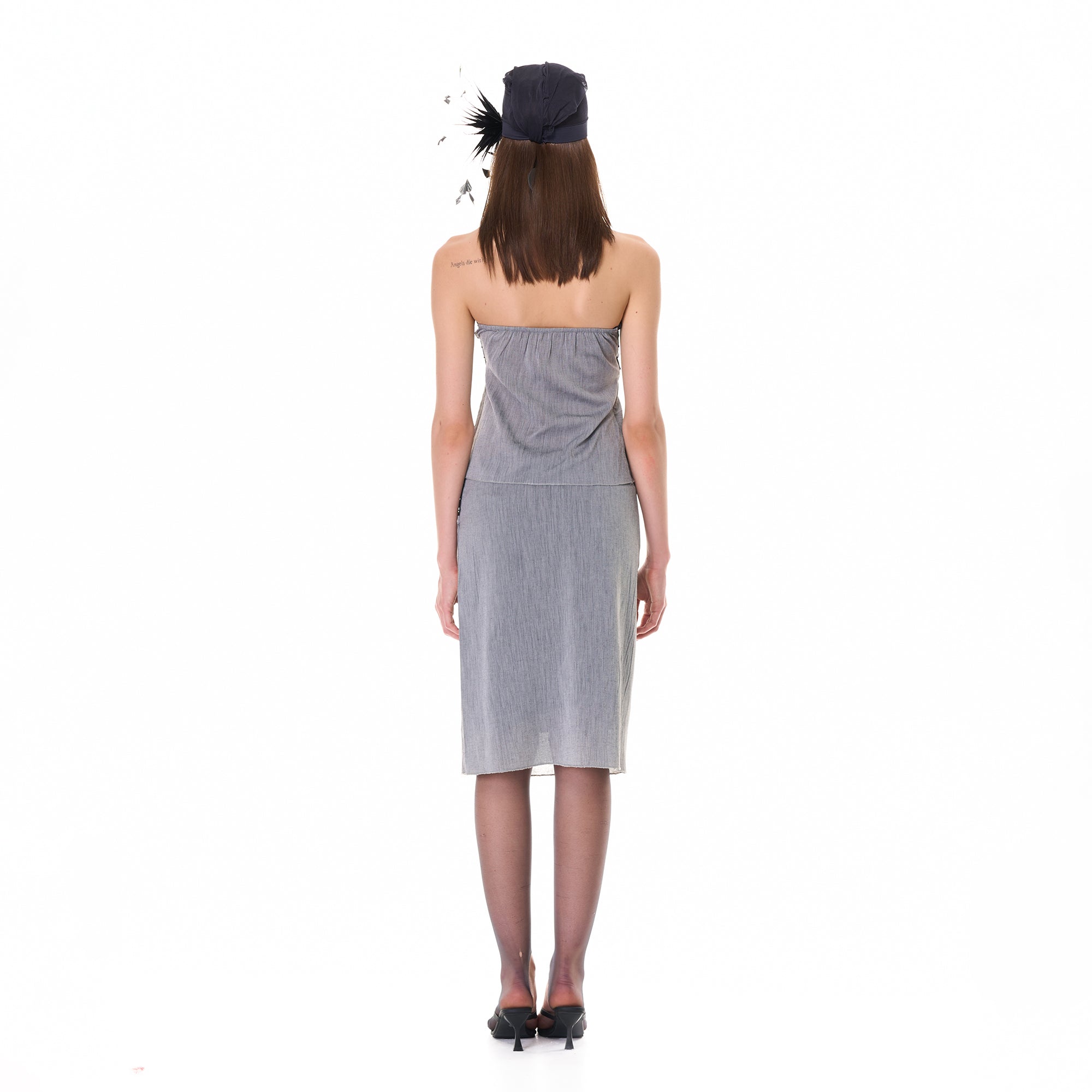 NEVER OFFEND L ANGEL Pleated Strapless Top And Sheer Midi Skirt Set