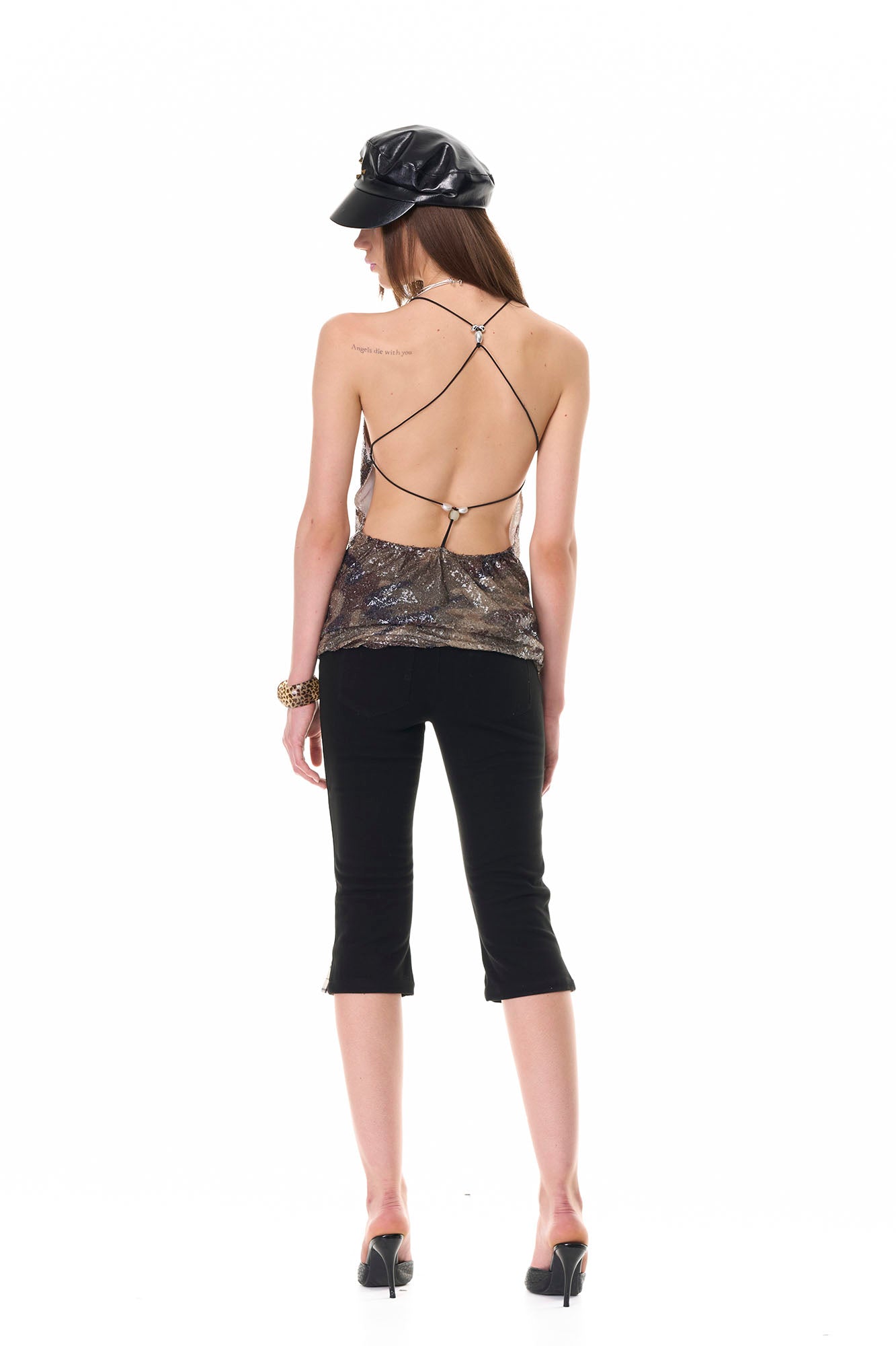 NEVER OFFEND L ANGEL Backless Camo Sequin Cowl-Neck Tank Top