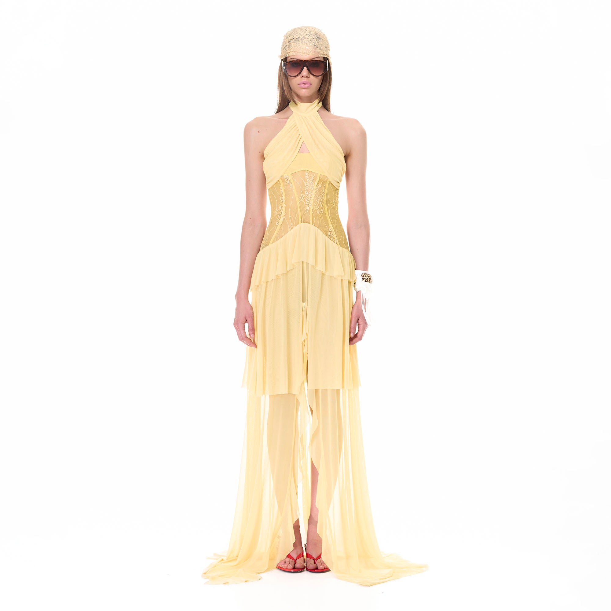 NEVER OFFEND L ANGEL Cross-Halter Sheer Corset Maxi Dress