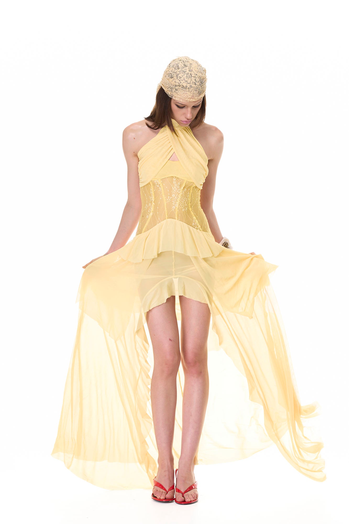 NEVER OFFEND L ANGEL Cross-Halter Sheer Corset Maxi Dress