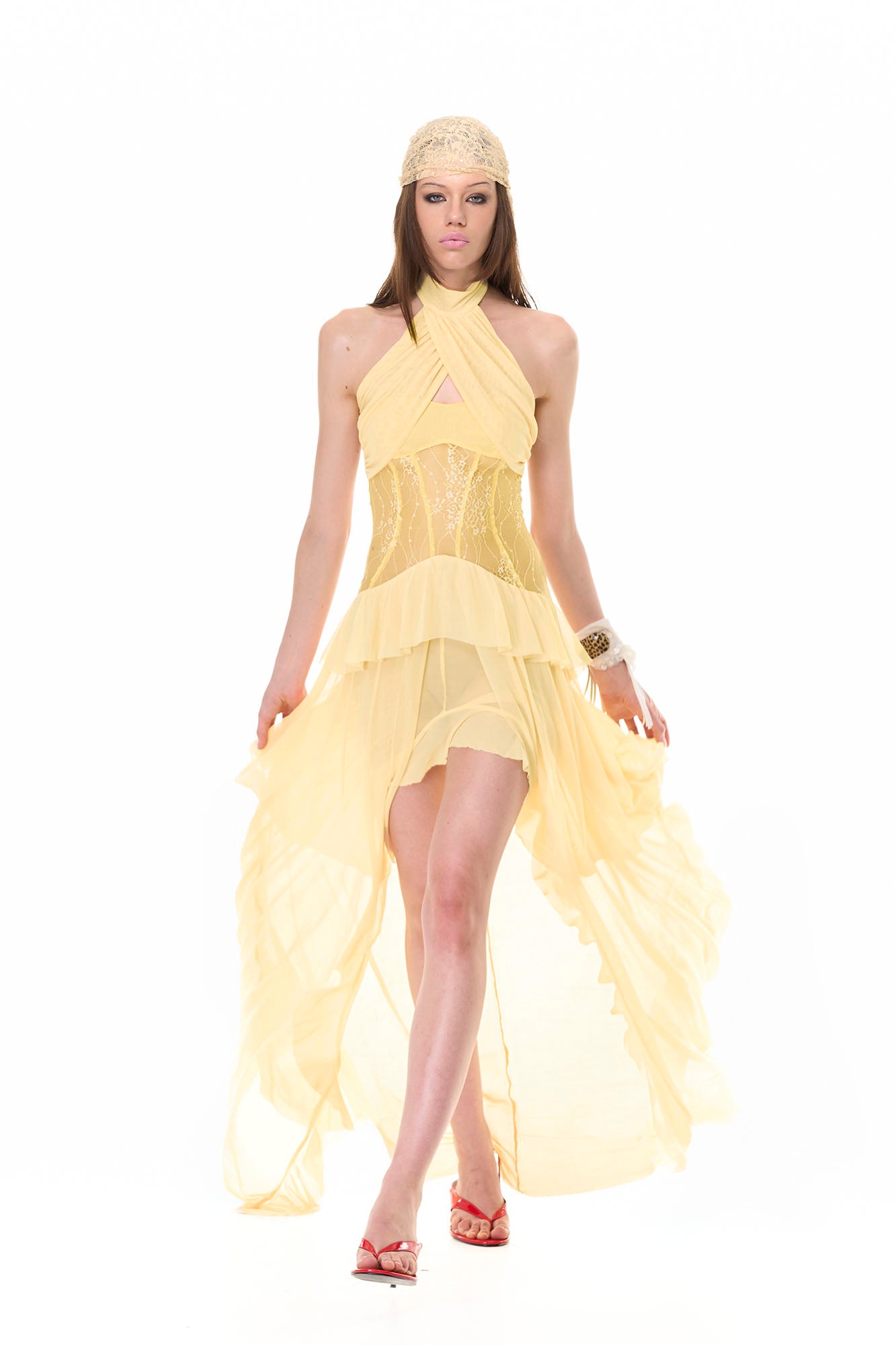 NEVER OFFEND L ANGEL Cross-Halter Sheer Corset Maxi Dress