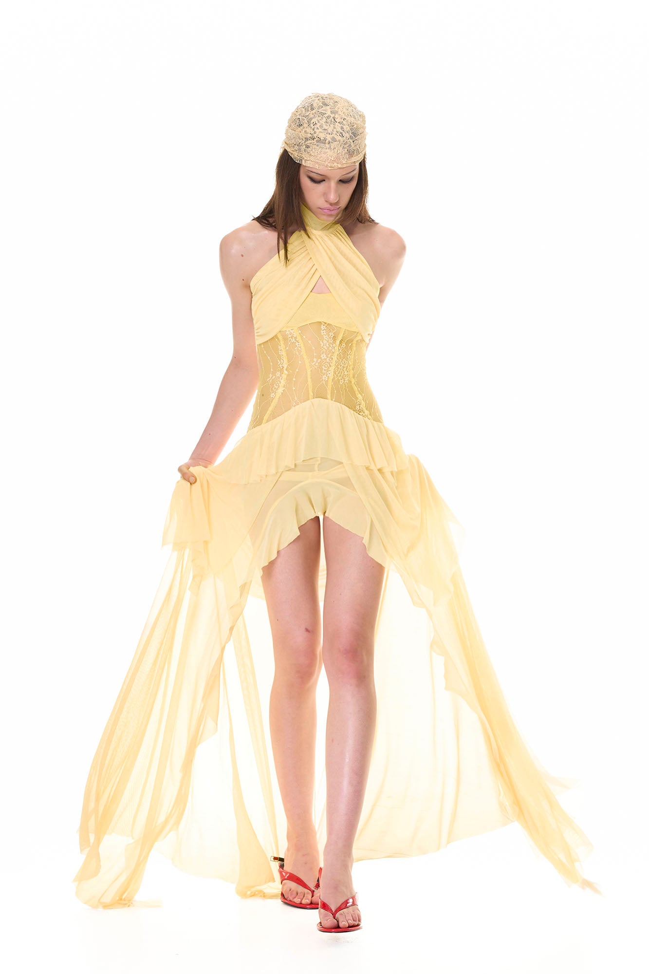 NEVER OFFEND L ANGEL Cross-Halter Sheer Corset Maxi Dress