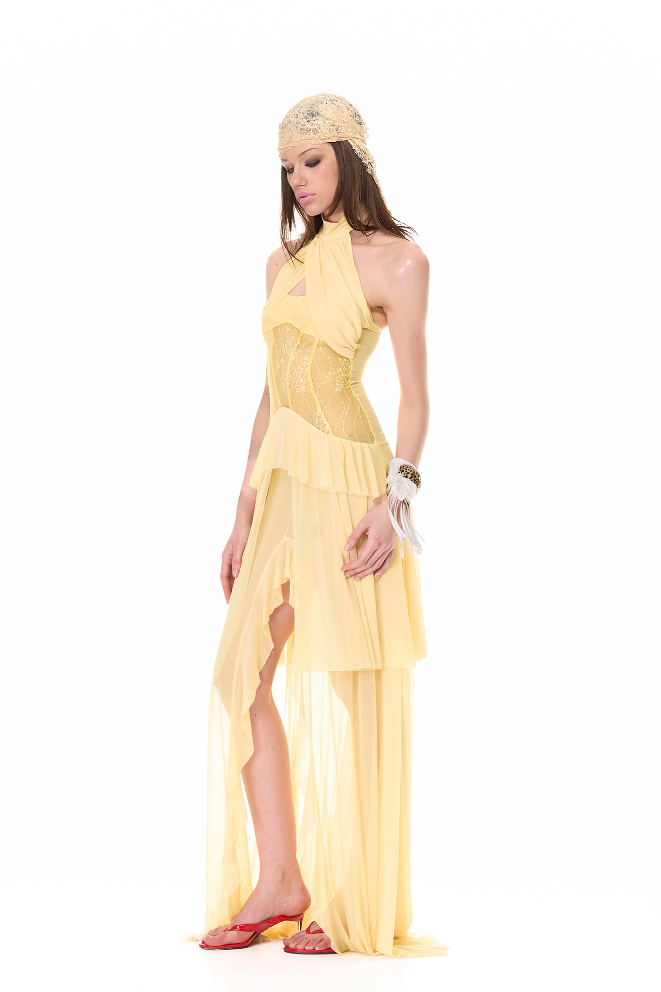 NEVER OFFEND L ANGEL Cross-Halter Sheer Corset Maxi Dress