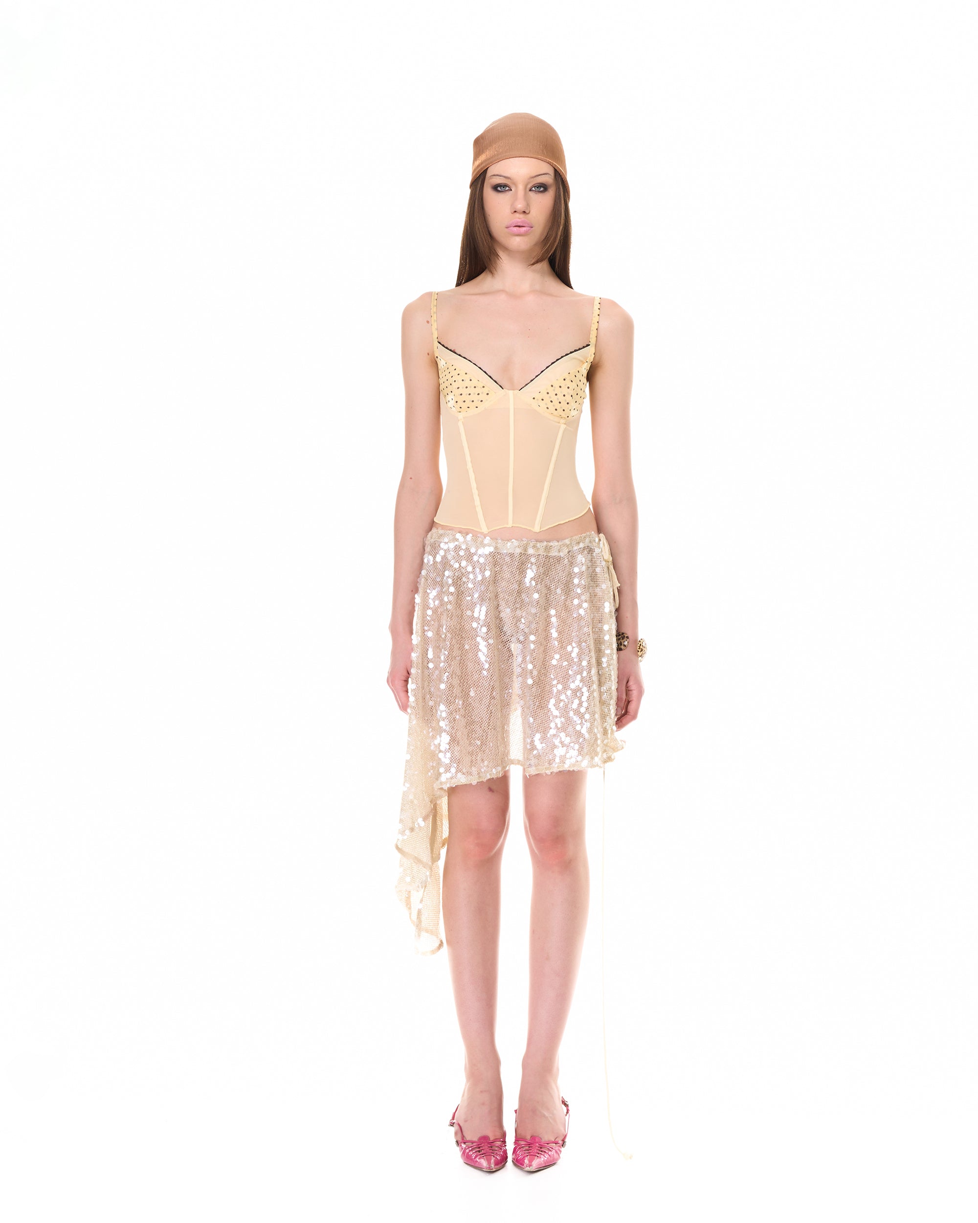 NEVER OFFEND L ANGEL Asymmetrical Sequin Mesh Cape Top