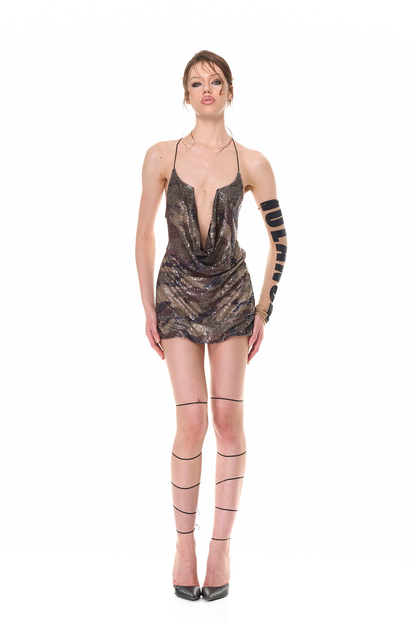 NEVER OFFEND L ANGEL Backless Camo Sequin Cowl-Neck Tank Top